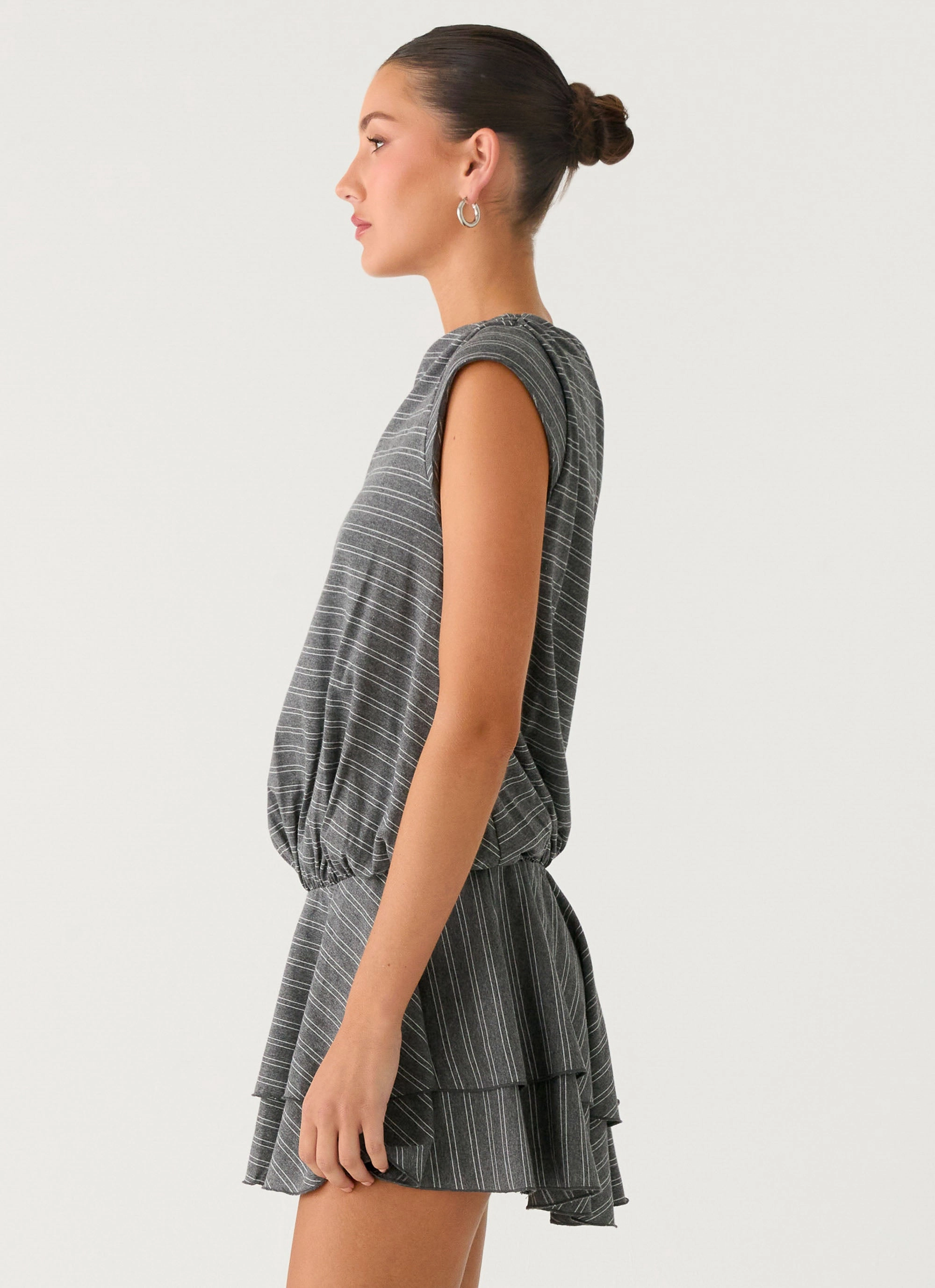 Bambola Wide Neck Mini Dress - Grey Marle Stripe Dress-Up Style