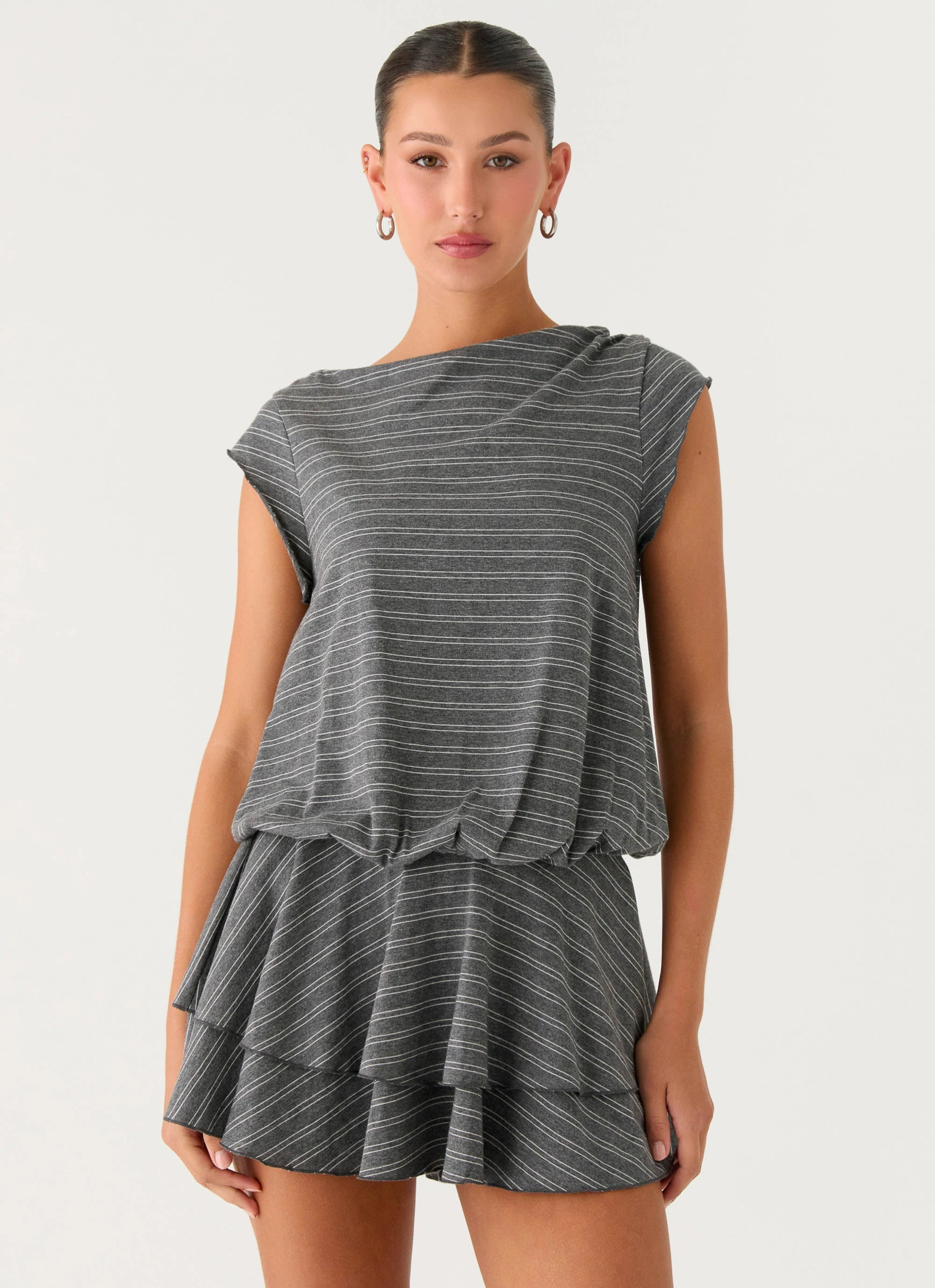 Bambola Wide Neck Mini Dress - Grey Marle Stripe Pure Fit Relax Style