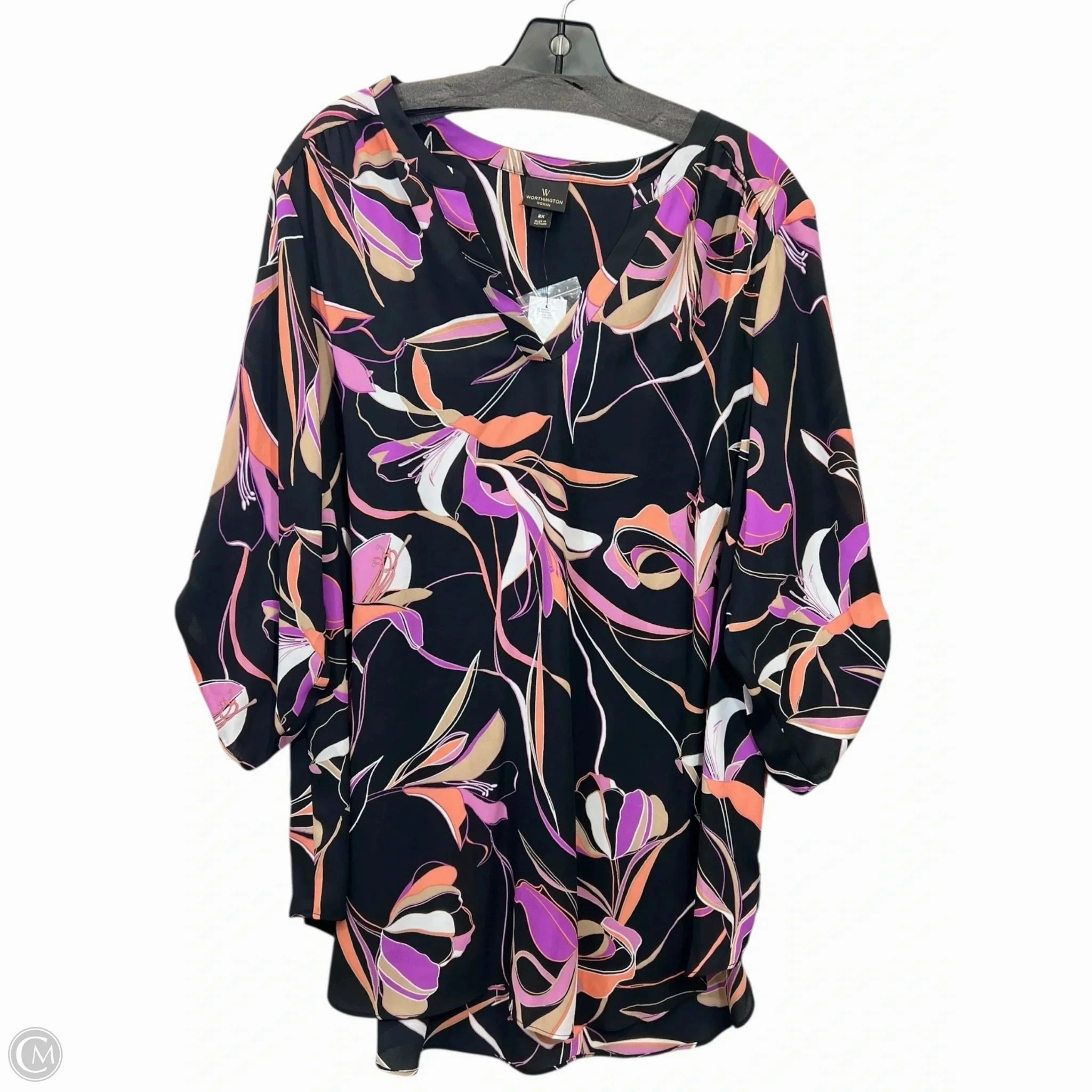 Top Short Sleeve By Worthington In Black & Purple, Size: 2x No Shrink Technology