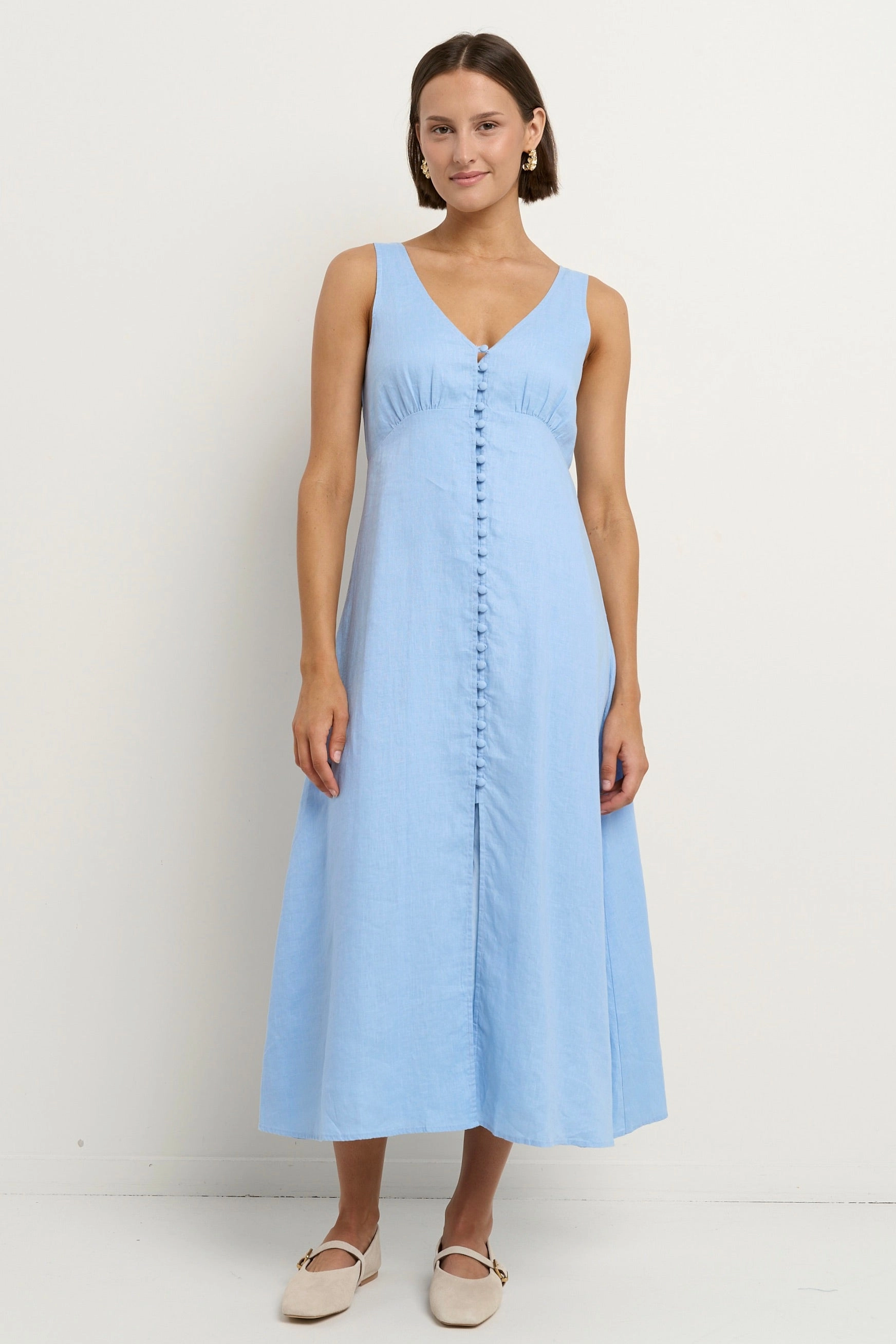Panama Sky Blue Linen Sleeveless Button Front Midi Dress Sophisticated Vibe