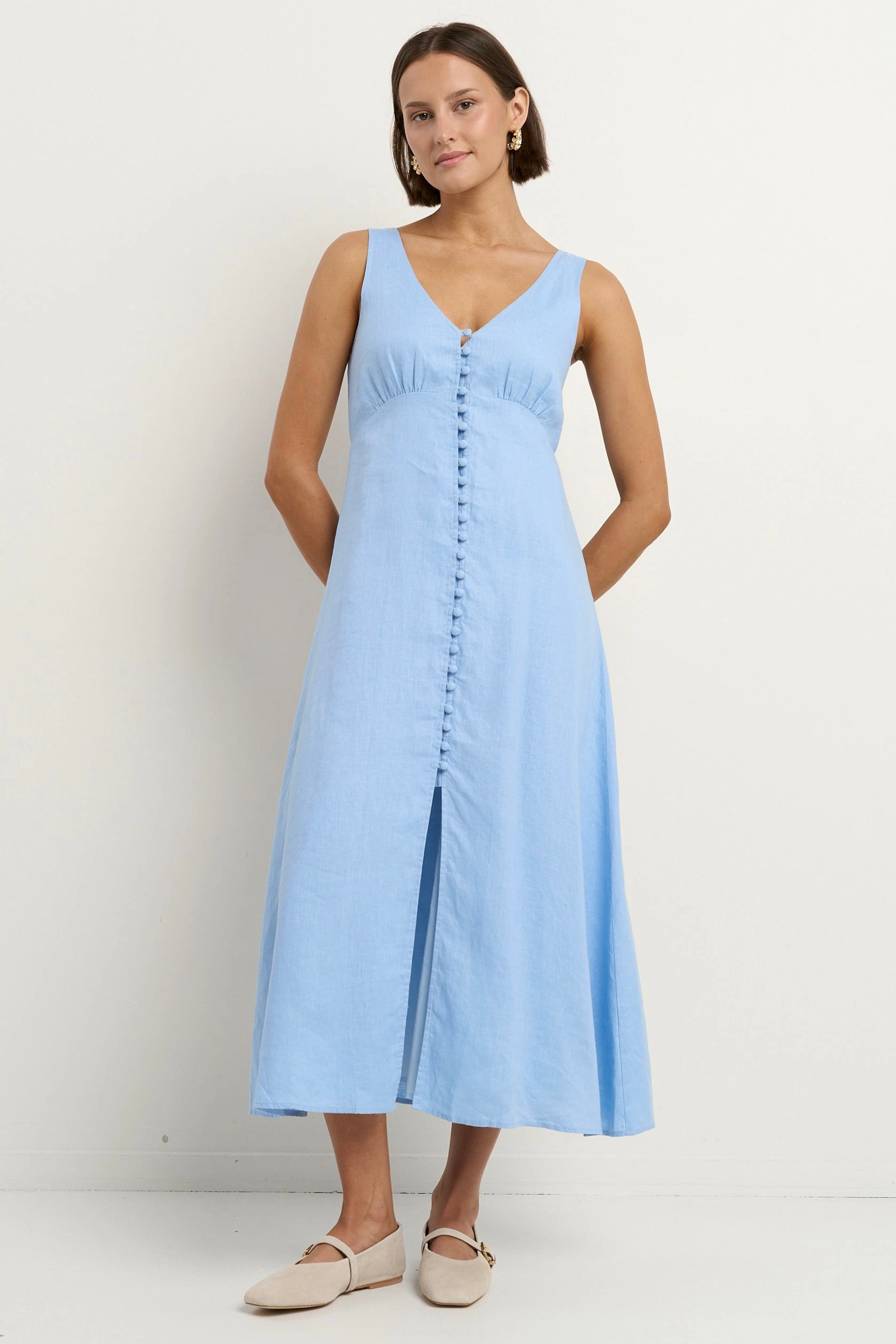 Panama Sky Blue Linen Sleeveless Button Front Midi Dress Semi Casual