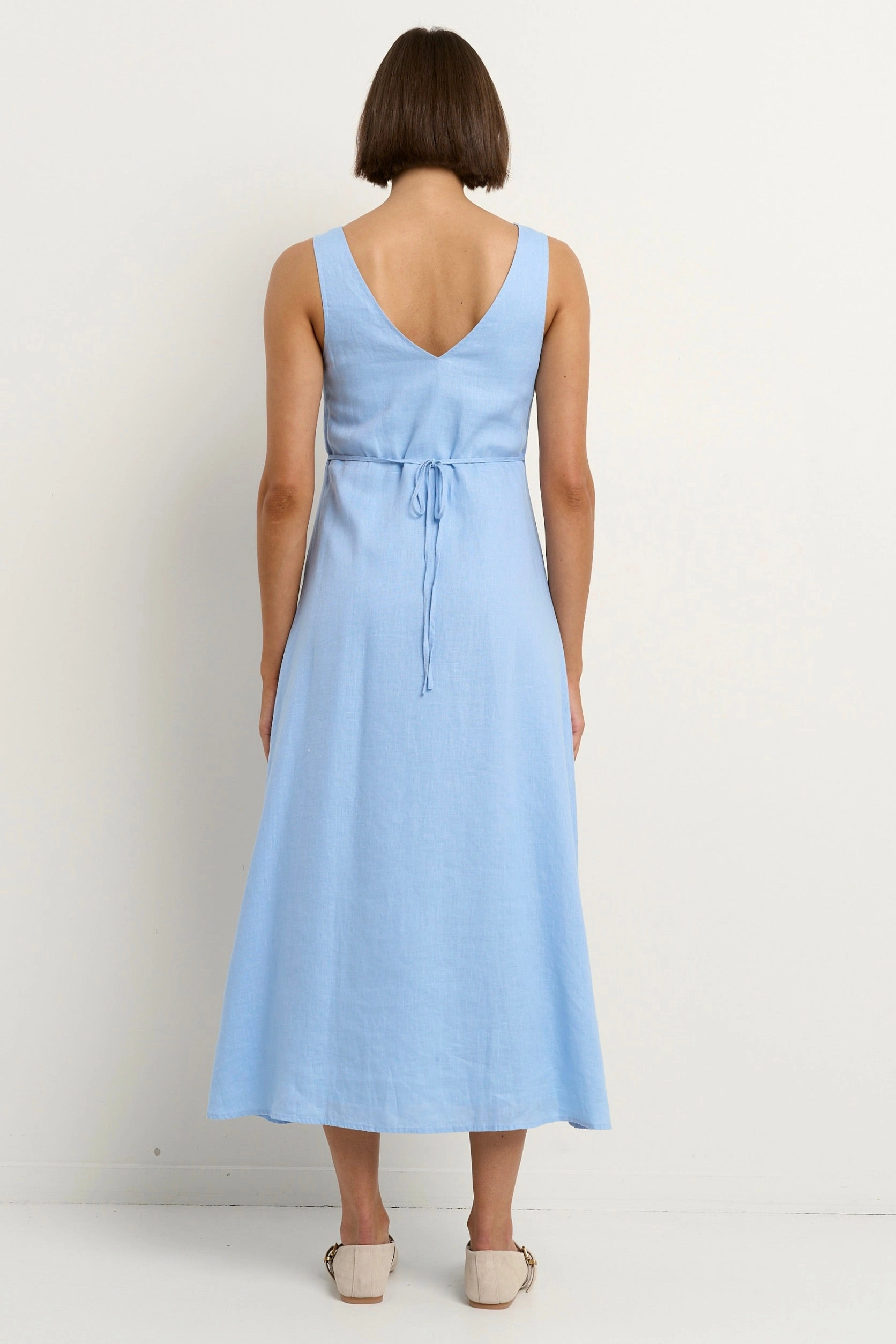 Panama Sky Blue Linen Sleeveless Button Front Midi Dress Vibrant Aesthetic Smart Vibe