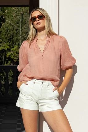 Closure Blush Ramie High Neck Buttoned SS Top FlexibleMobility Cozy Blouse