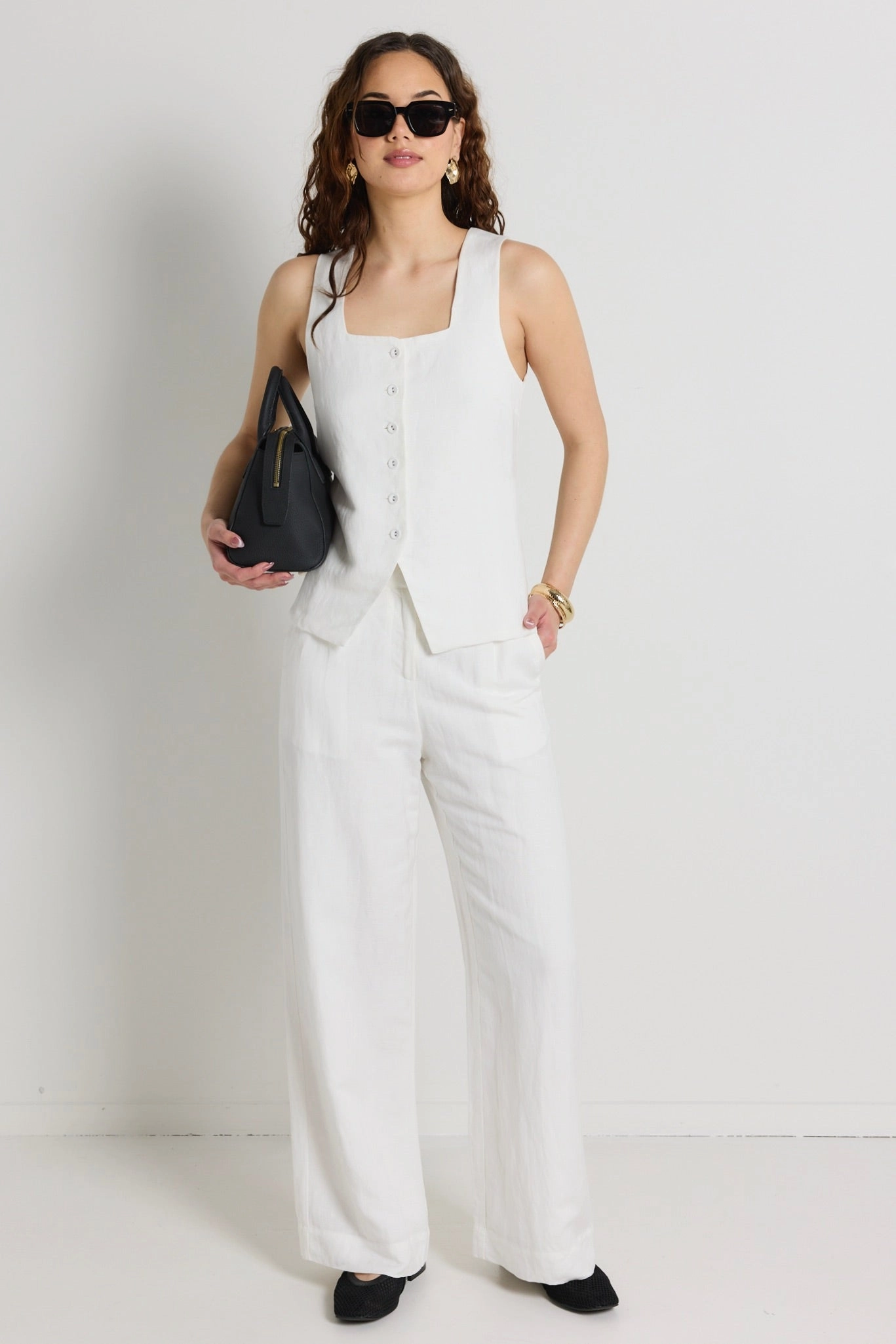 Coastal Ivory Linen Viscose Longline Square Neck Vest Quick Release Fabric continuous operation