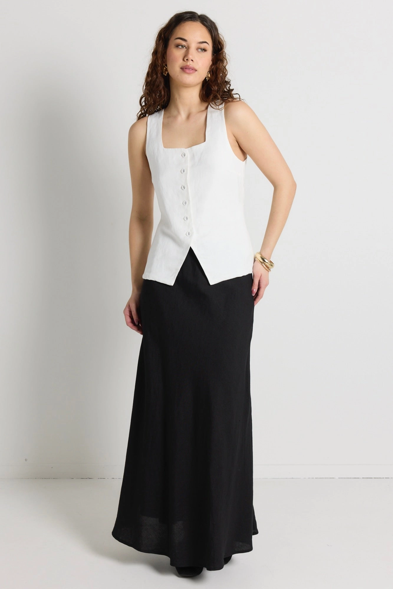Coastal Ivory Linen Viscose Longline Square Neck Vest Stealthy