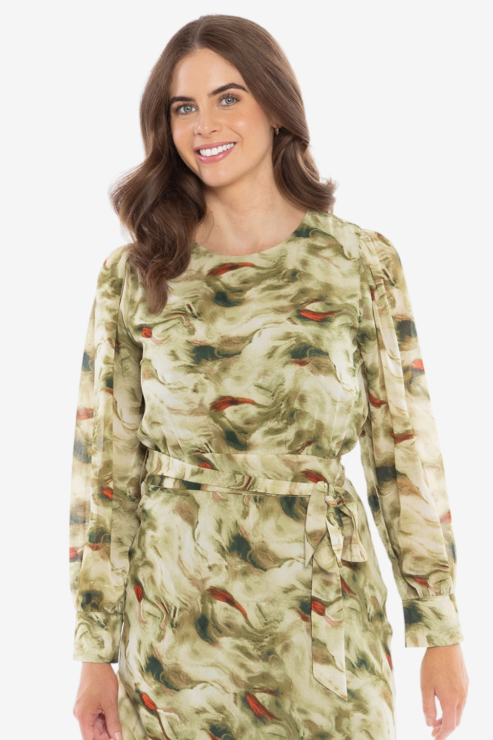 Stylish Silhouette Whimsical Khaki Smudge LS Midi Dress