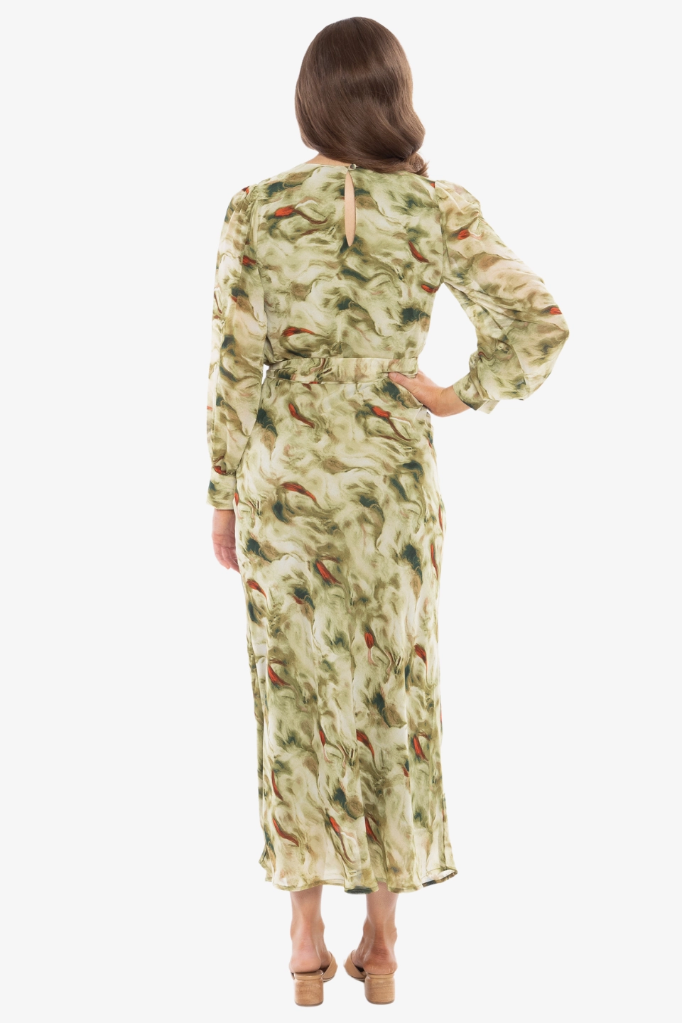 Urban Drape A Line Cut Whimsical Khaki Smudge LS Midi Dress