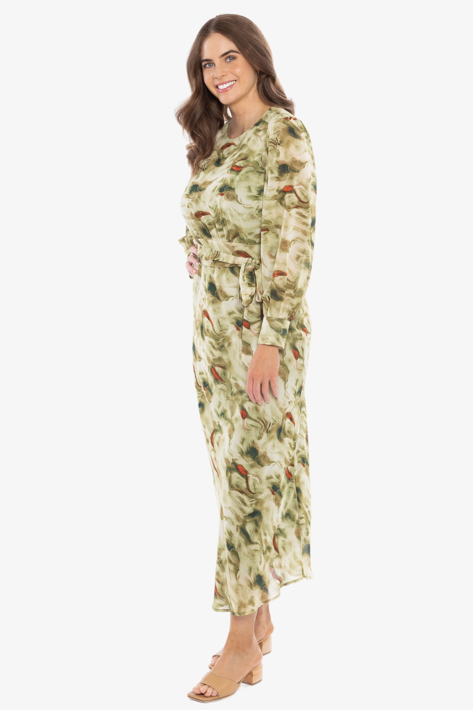 Whimsical Khaki Smudge LS Midi Dress Romantic Mood Clean Chic