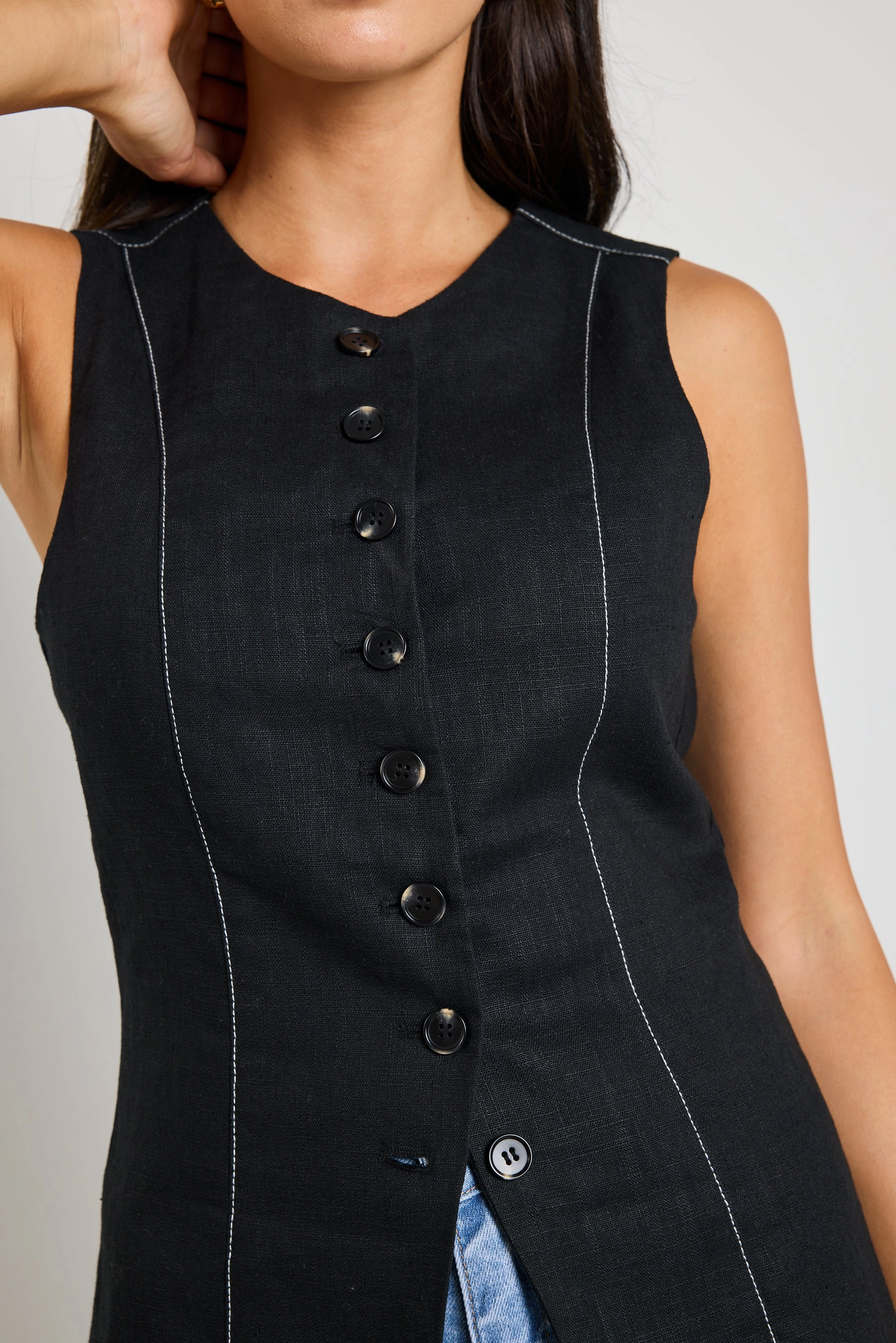 Camouflage Polarity Black Ramie Crew Neck Fitted Vest