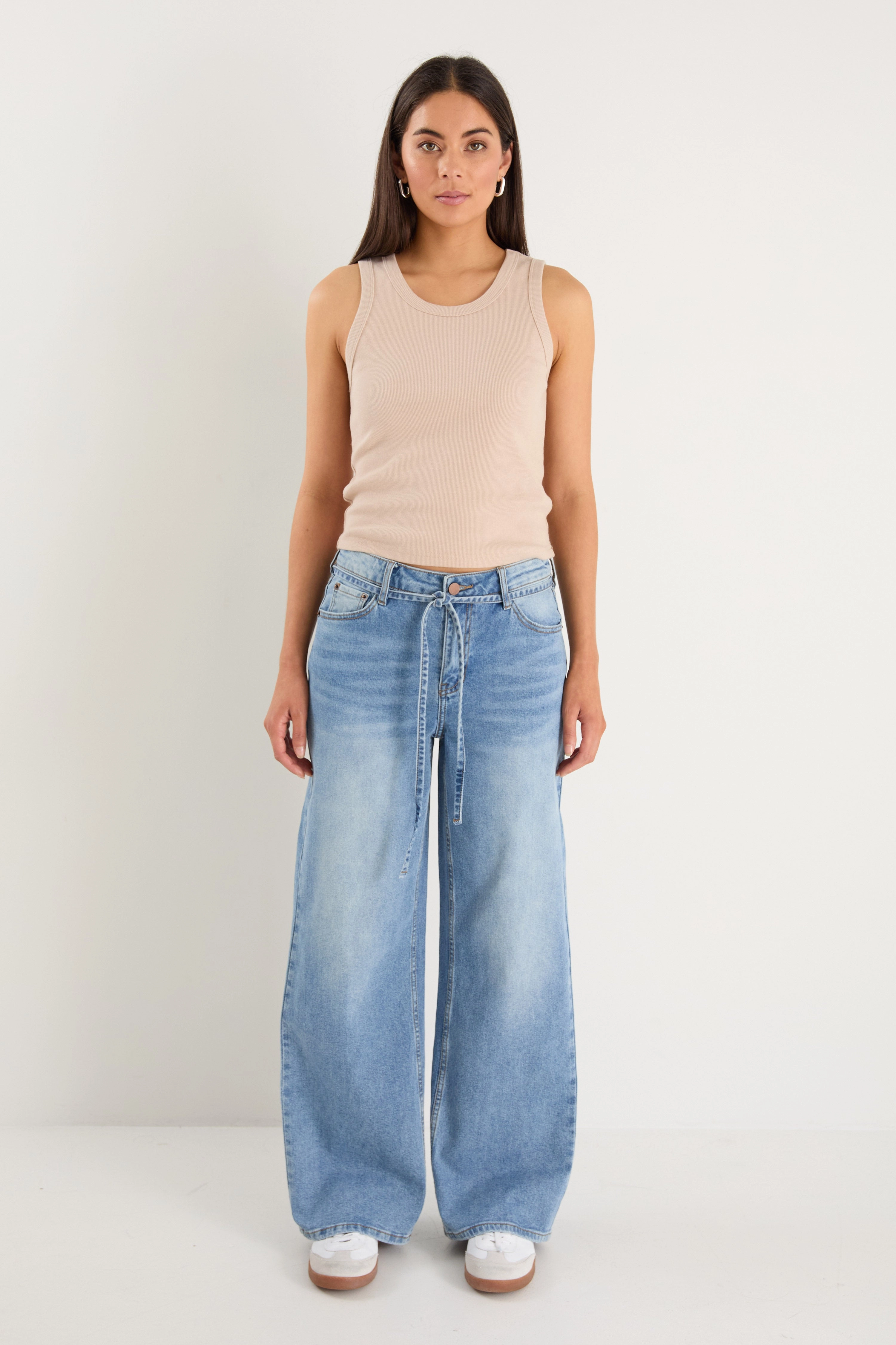 College Light Blue Wide Leg Tie Belt Jean Sleek Comfort Perfect Look