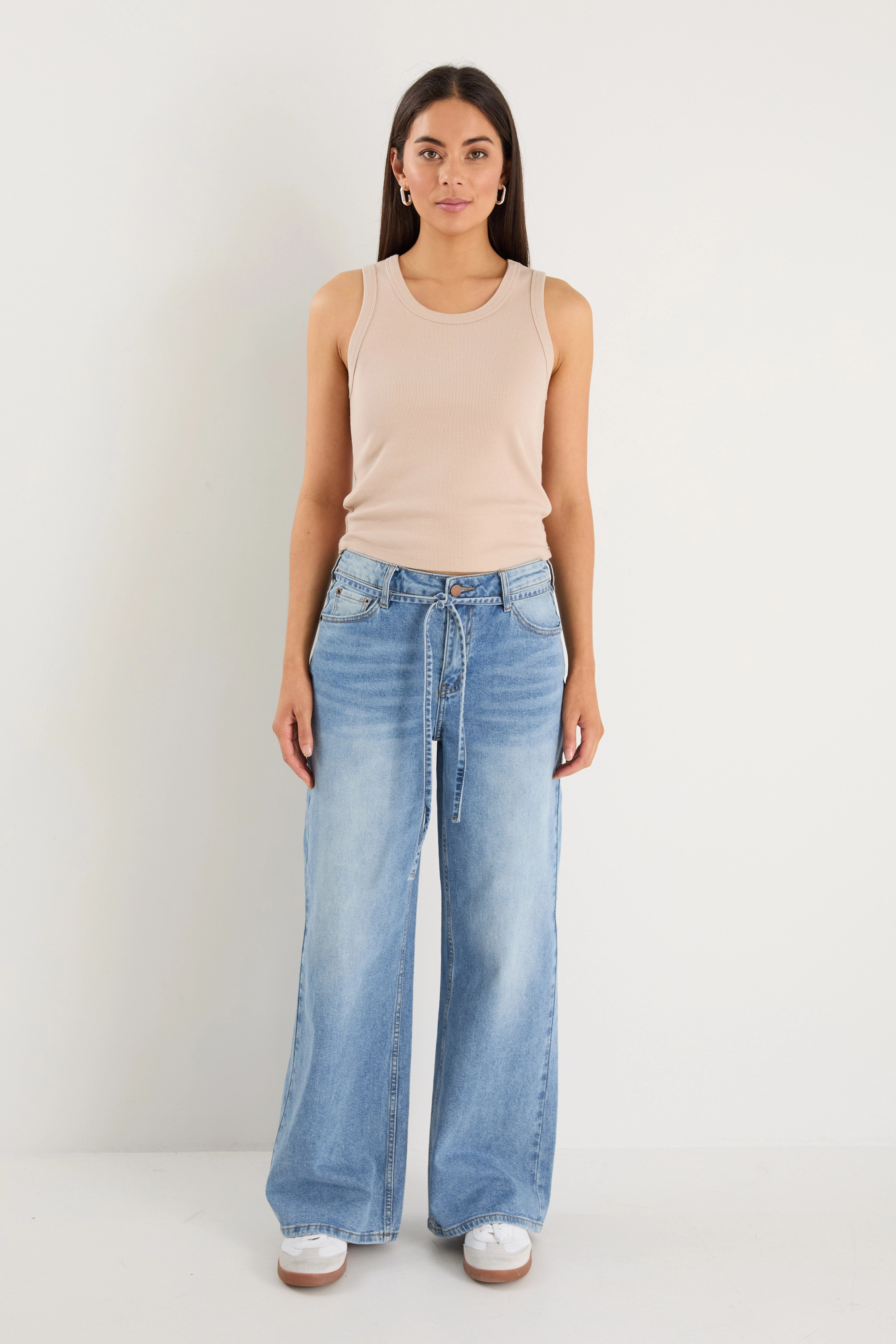 College Light Blue Wide Leg Tie Belt Jean Secure Waistband OrganicCotton