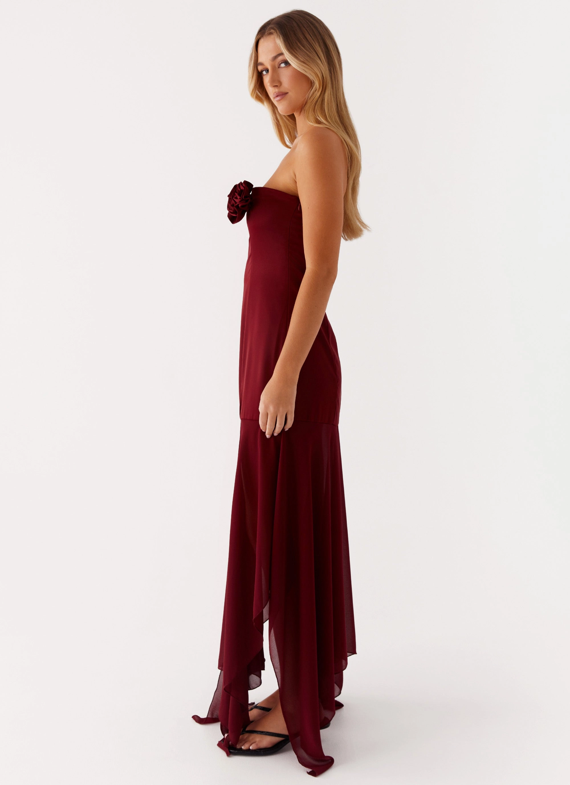 Lightweight Comfort Sharp Detail Collision Satin Maxi Dress - Cherry Red