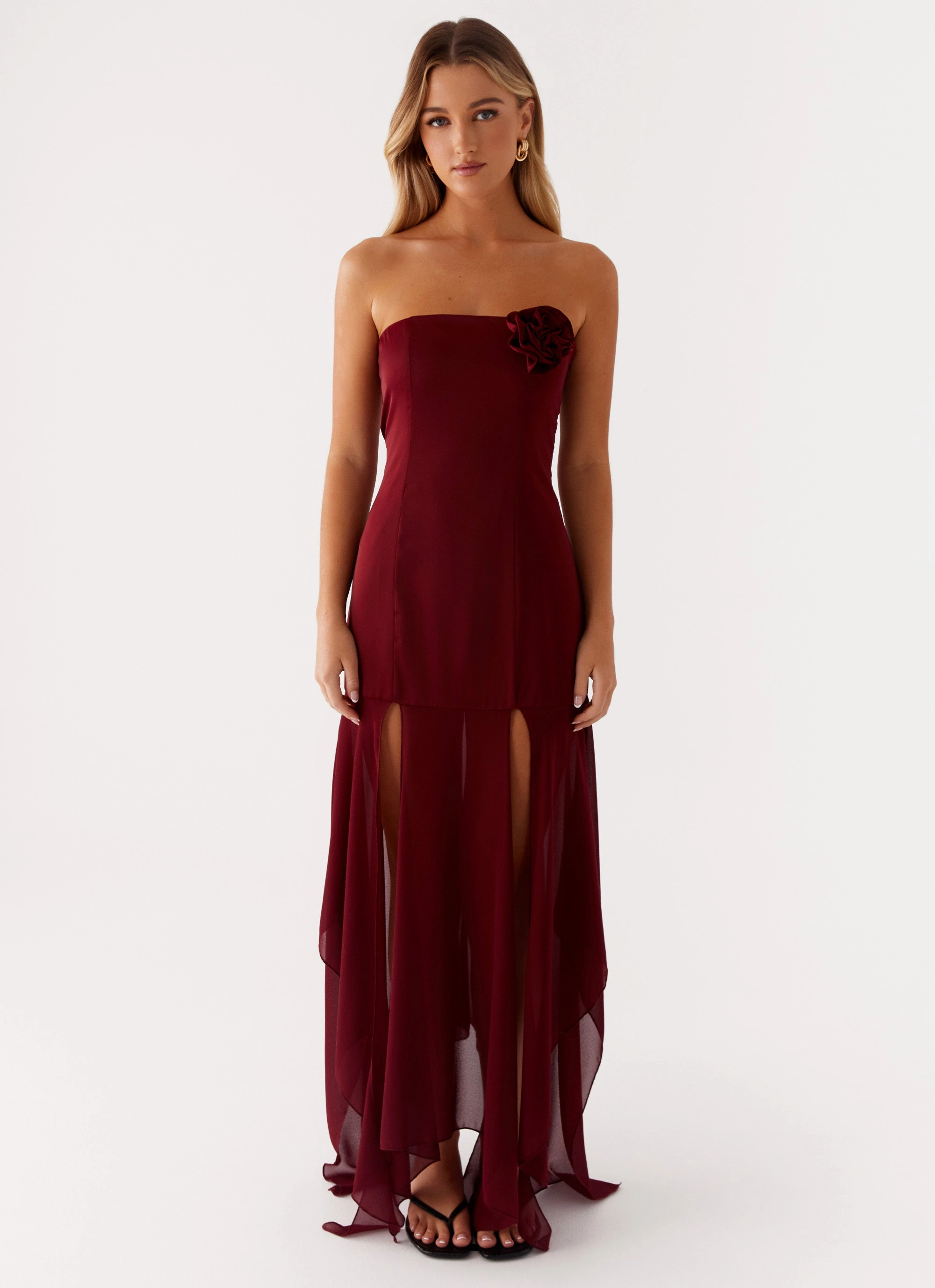 Sharp Edge Comfortable Layer Collision Satin Maxi Dress - Cherry Red