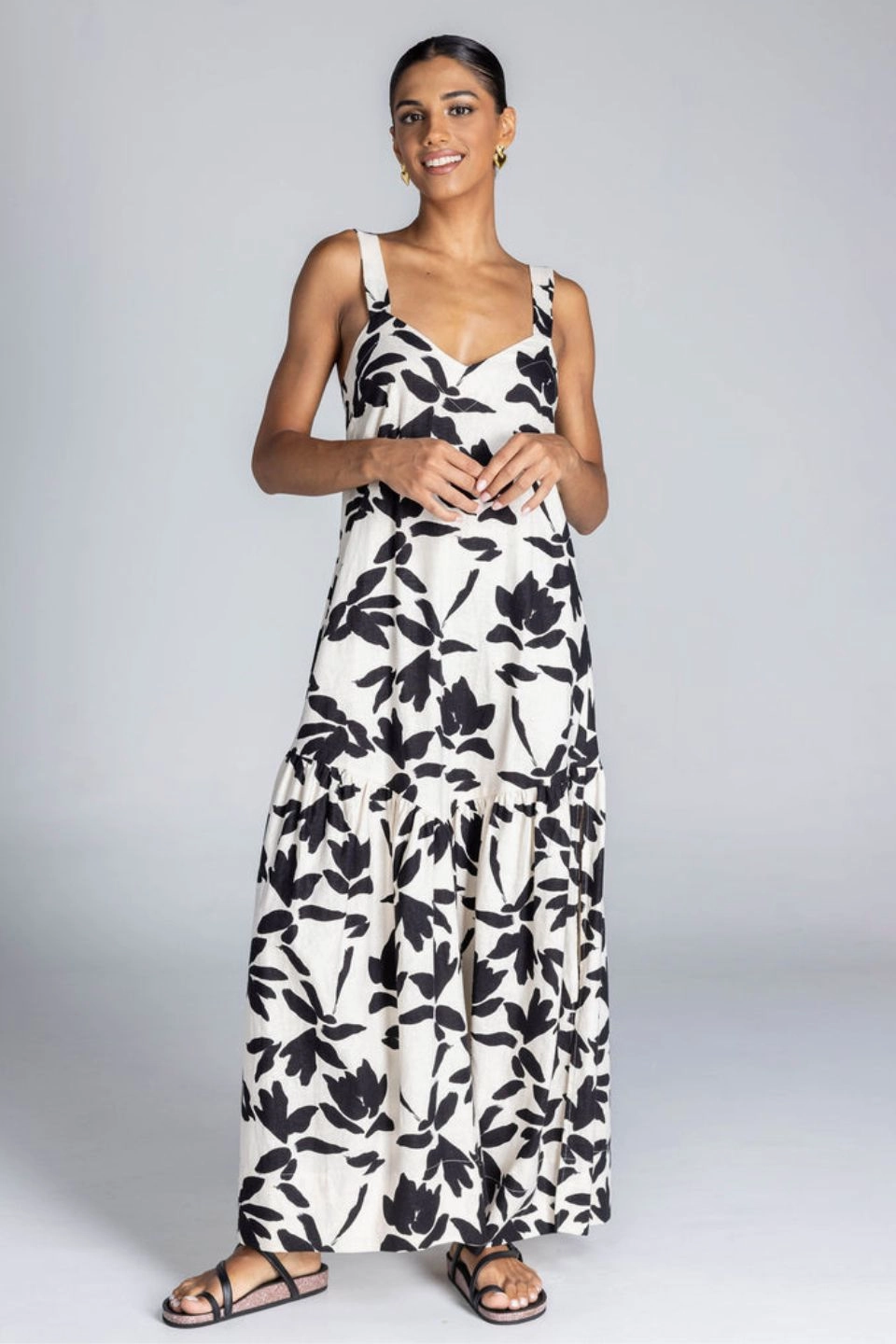 Simple Spirit Soft Stitch Break Your Heart Ivory Black Floral Cotton Linen Strappy Maxi Dress