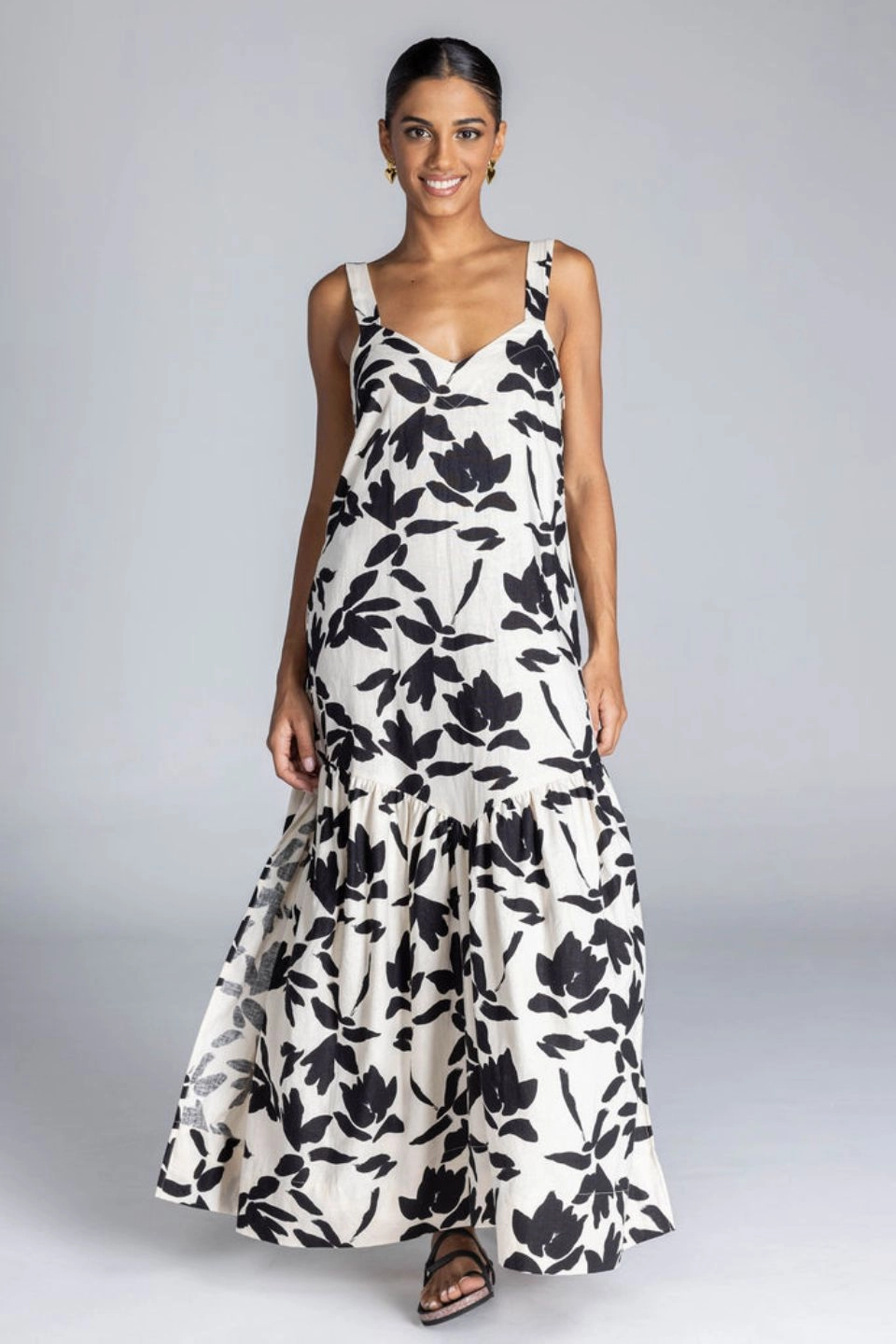 effortless grace Sister Charm Break Your Heart Ivory Black Floral Cotton Linen Strappy Maxi Dress