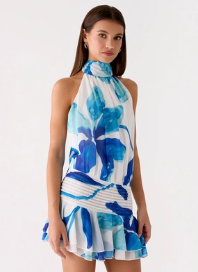 Shared Moment Calm Style Willow Chiffon Mini Dress - Cerulean Bloom