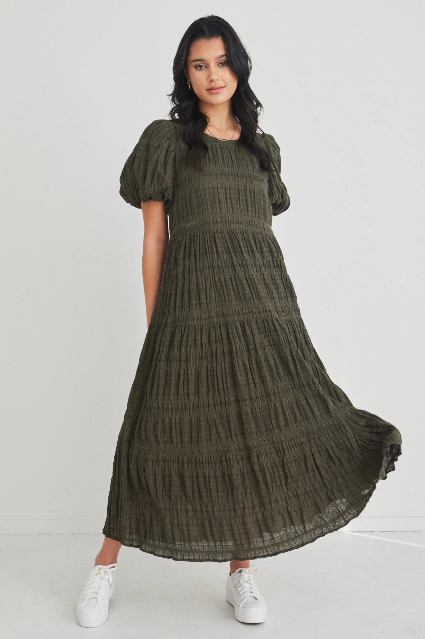 Graceful Khaki Shirred Cotton Bubble Sleeve Tiered Maxi Dress Classic Mood