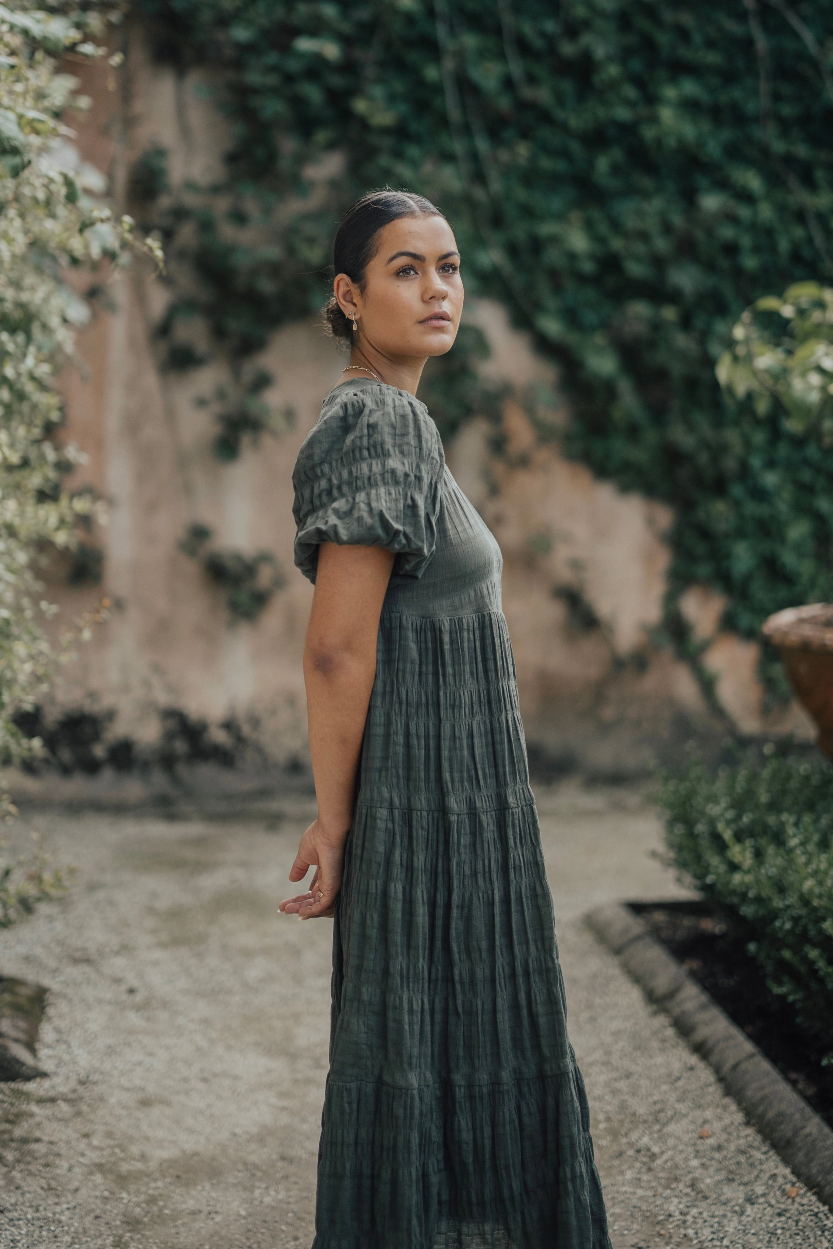 Graceful Khaki Shirred Cotton Bubble Sleeve Tiered Maxi Dress Silk Air