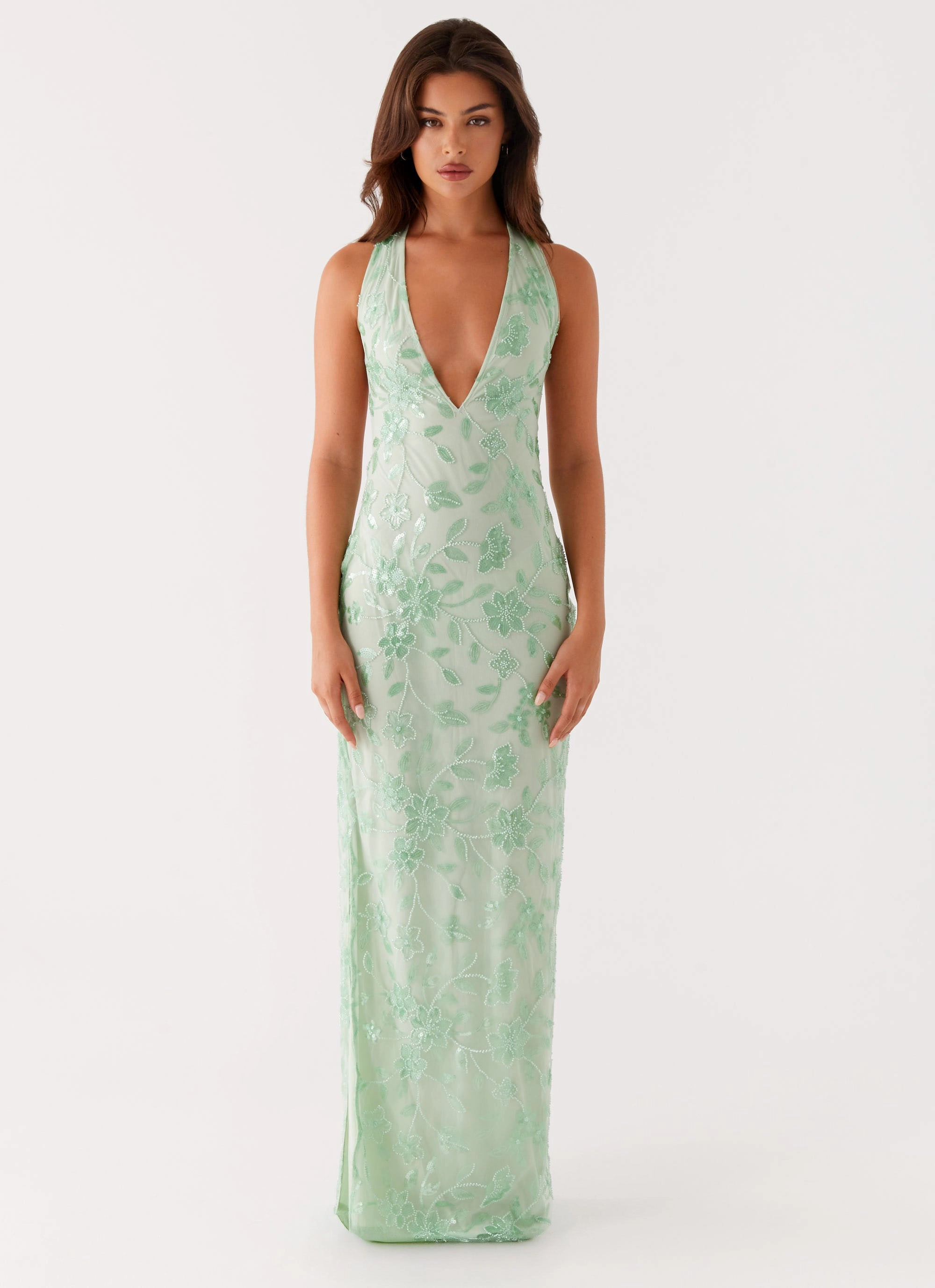 Cydney Beaded Maxi Dress - Sage Metallic Finish