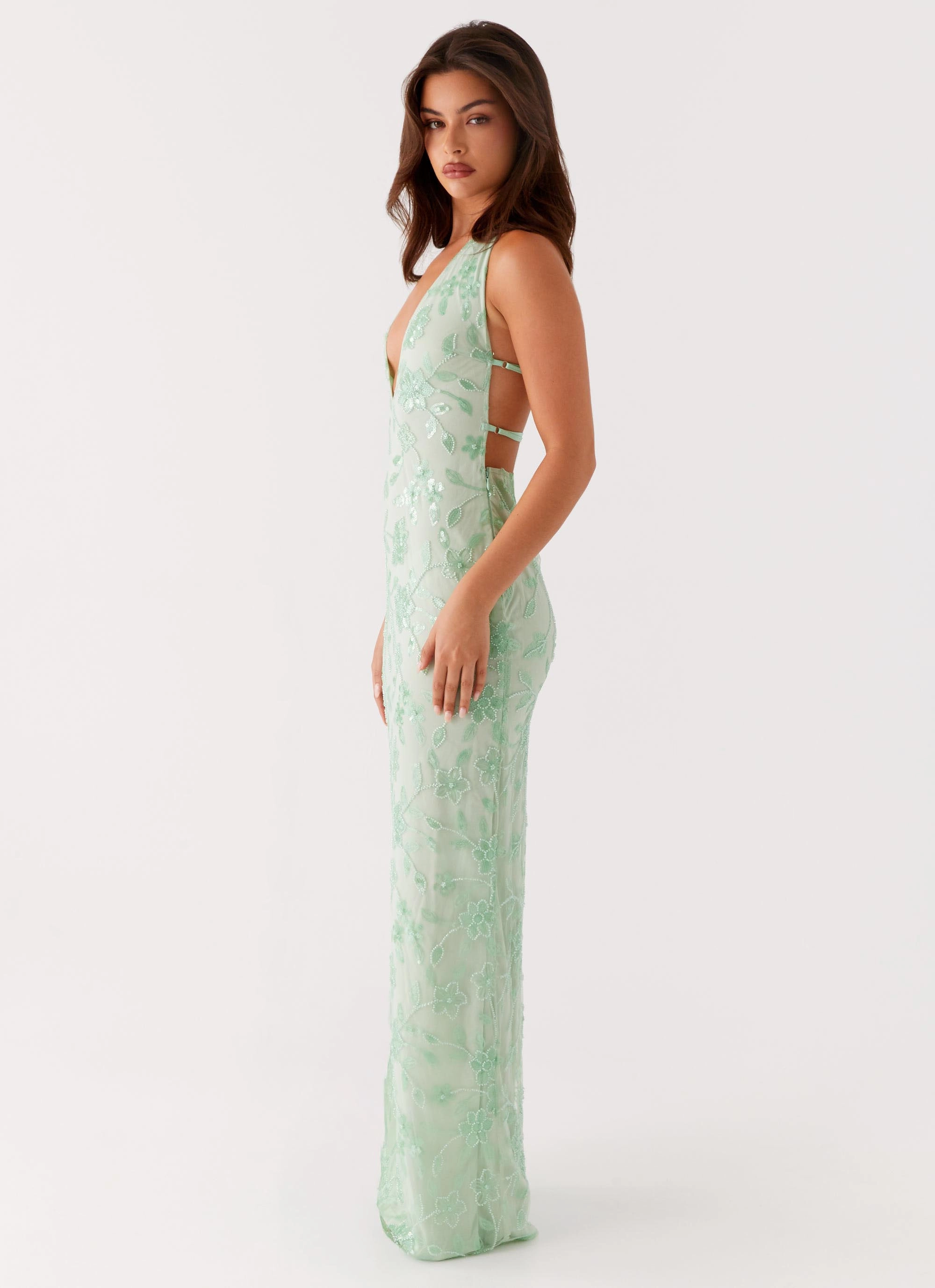 Cydney Beaded Maxi Dress - Sage Trendy floral dress
