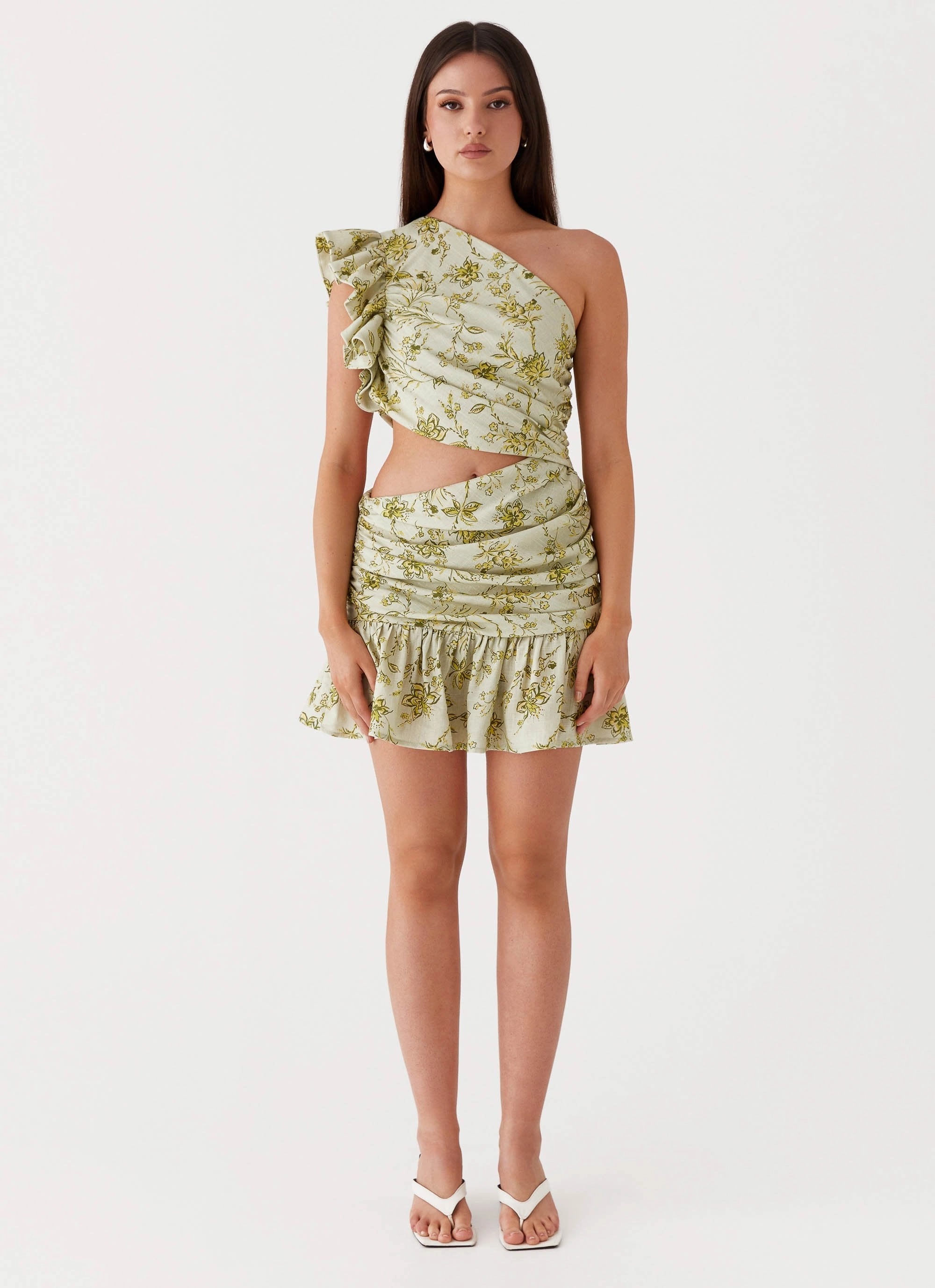 Maisie Linen Mini Dress - Sage Floral High Neck Neutral Layer
