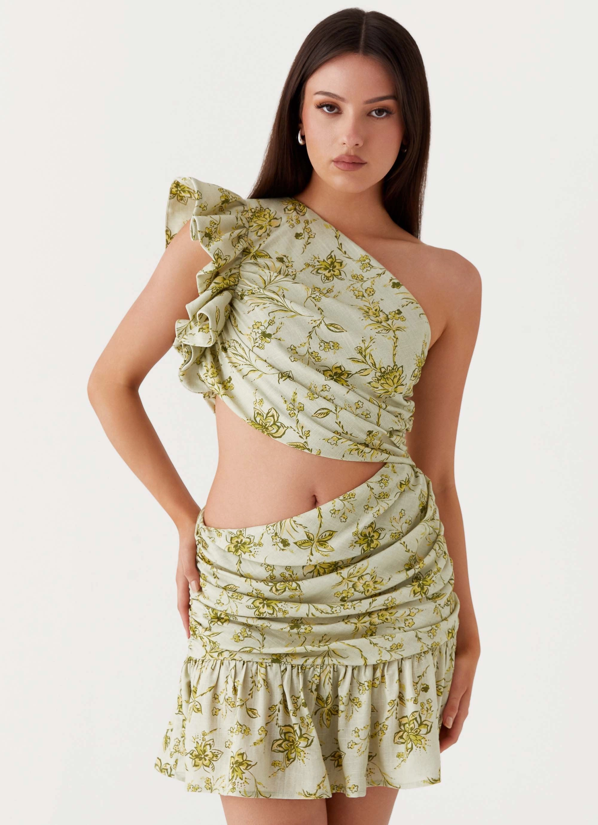 Maisie Linen Mini Dress - Sage Floral Summer Mood Sculpted Fit