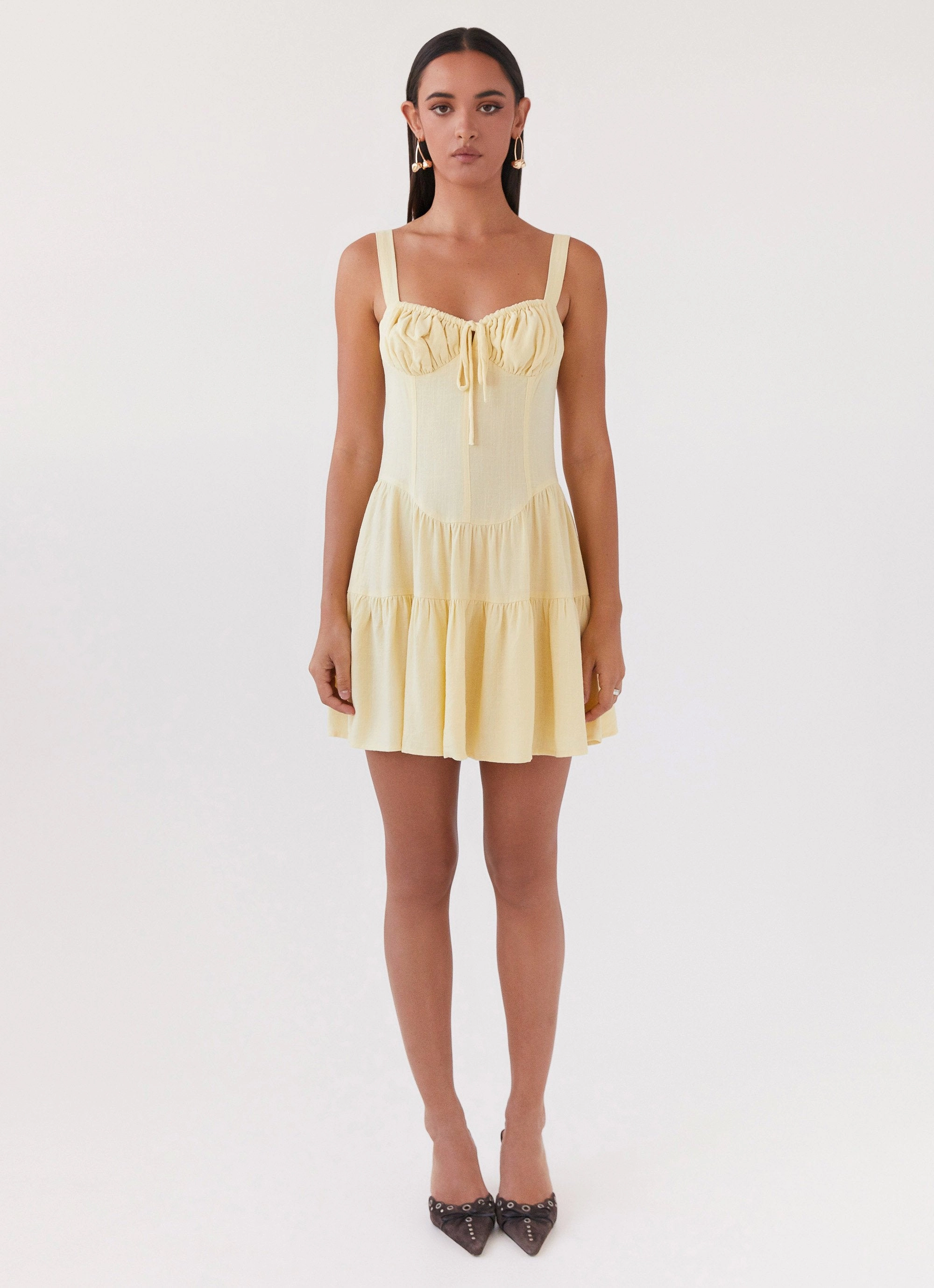 Draped Fabric Lucie Linen Mini Dress - Yellow