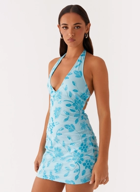Merida Halterneck Beaded Mini Dress - Blue Textured Surface