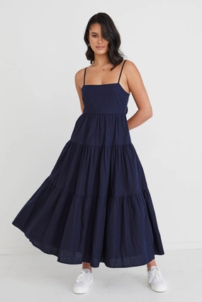 Perfect Design All Day Galaxy Navy Linen Tie Back Tiered Strappy Maxi Dress
