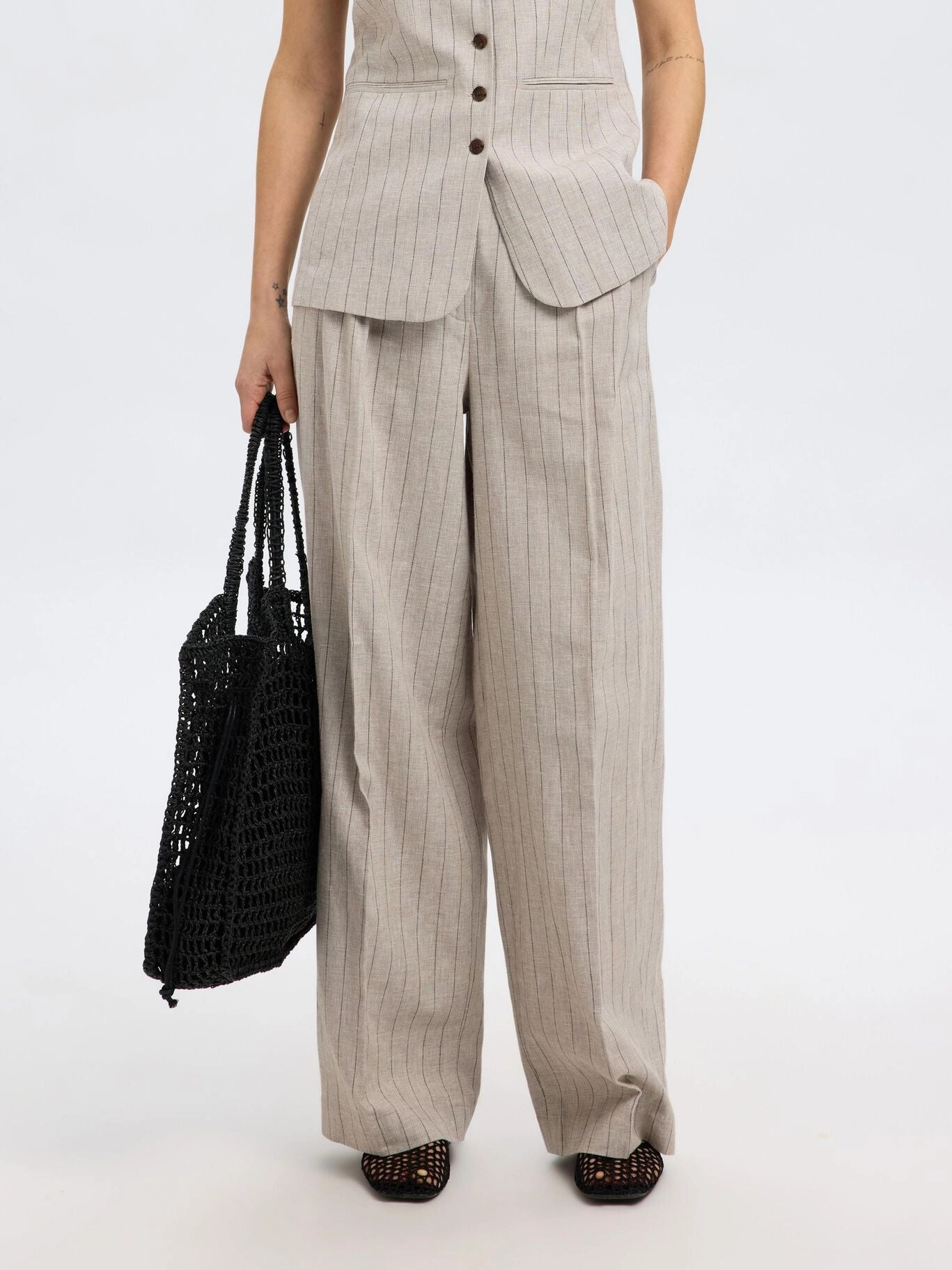 SELECTED Vilka Sun Extra Wide Pant in Oatmeal Pinstripe Chilly Weather Wear Organic Cotton