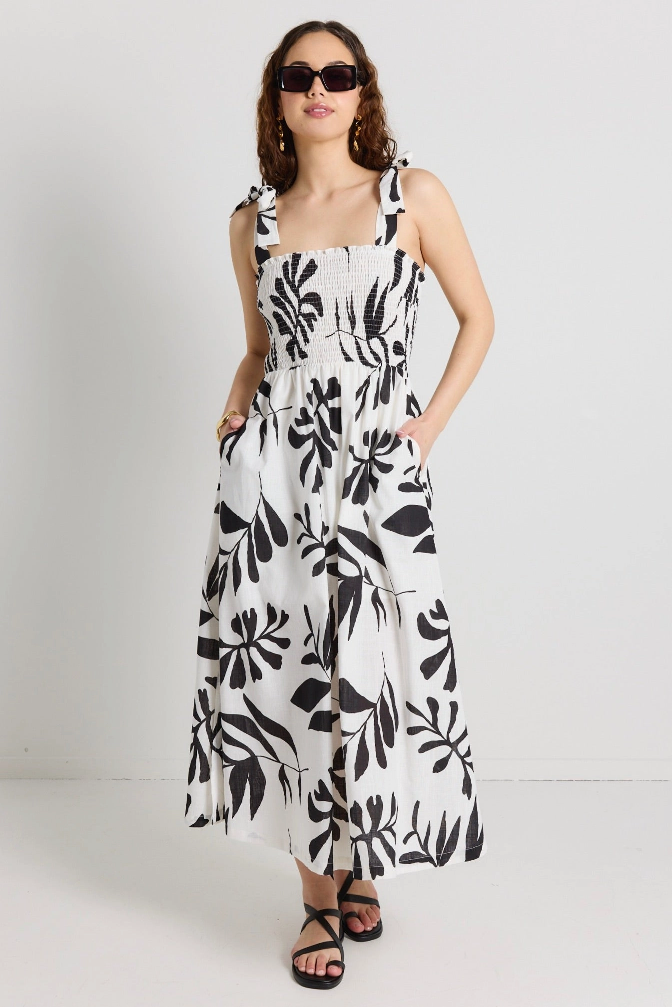 Capricorn Ivory Leaf Print Tie Strap Shirred Midi Dress Love Soft