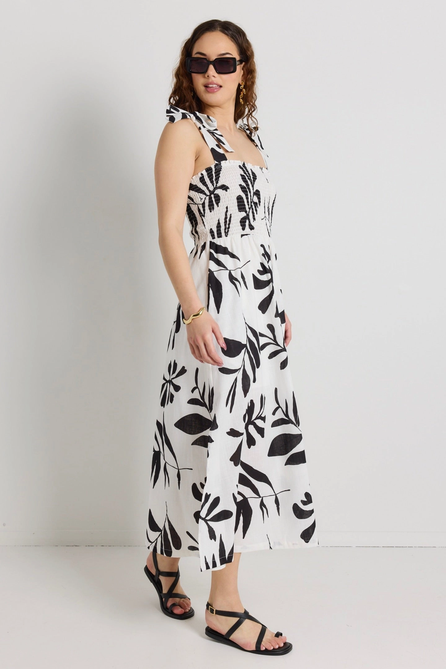 Capricorn Ivory Leaf Print Tie Strap Shirred Midi Dress Effortless Look Social Ease