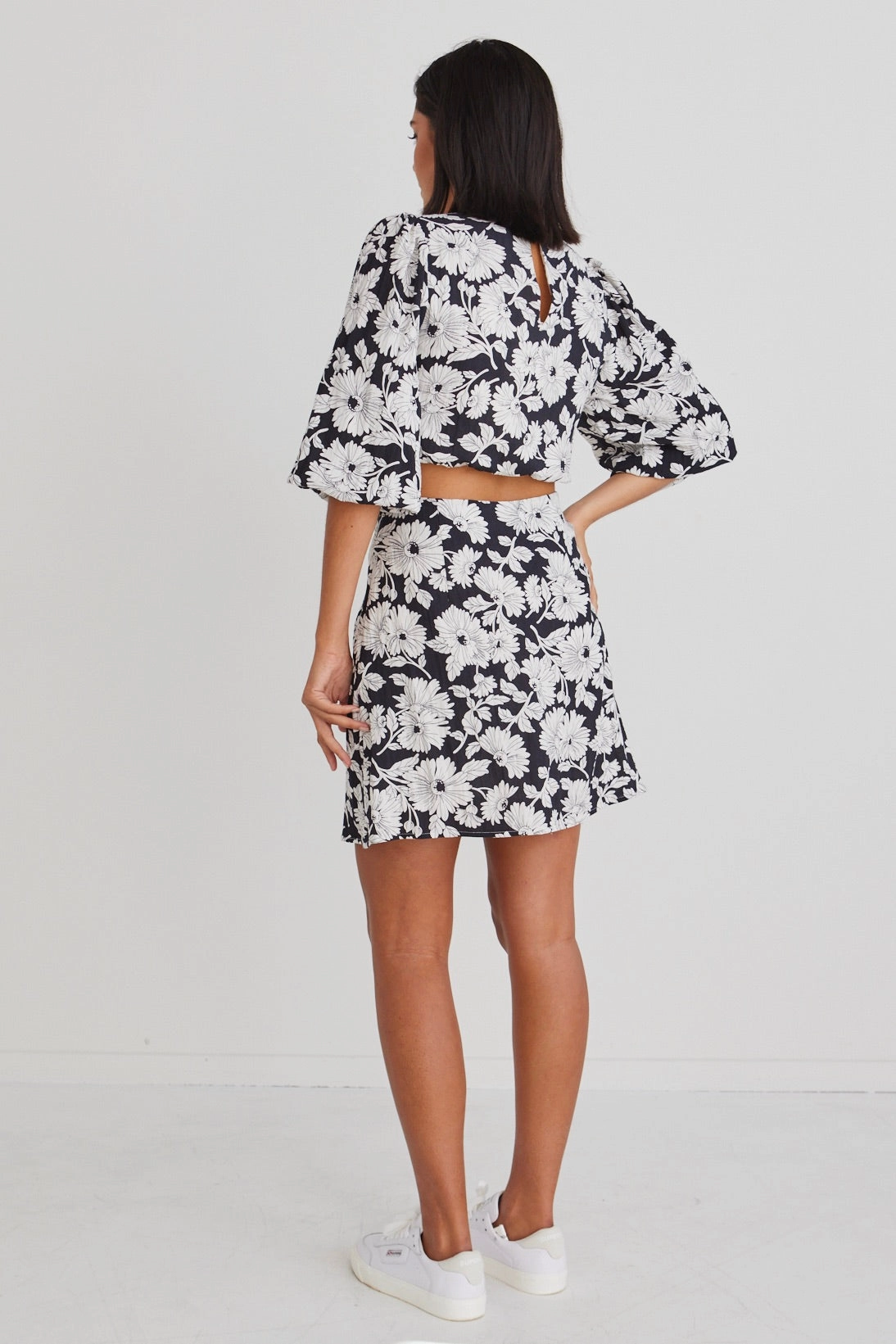 Open Design Roller Floral Silhouette LS Cut Out Mini Dress