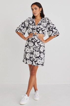 Roller Floral Silhouette LS Cut Out Mini Dress Feminine flowing piece Neutral Flow