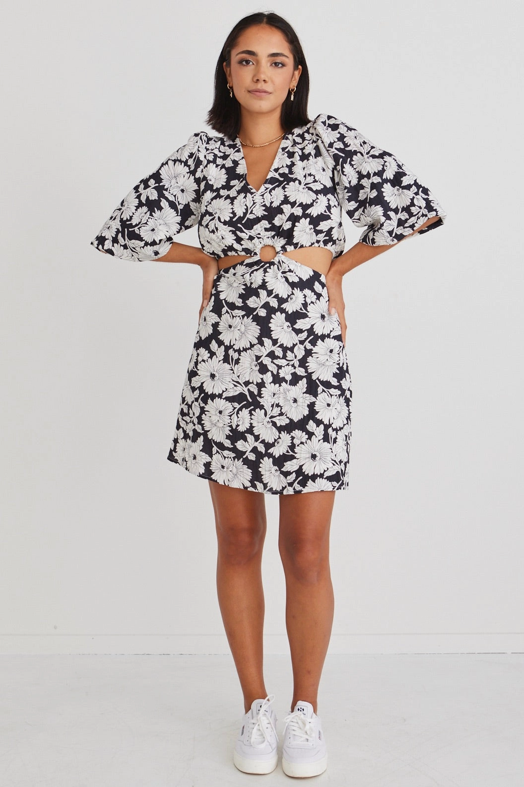 Roller Floral Silhouette LS Cut Out Mini Dress flowy style Polished Fit