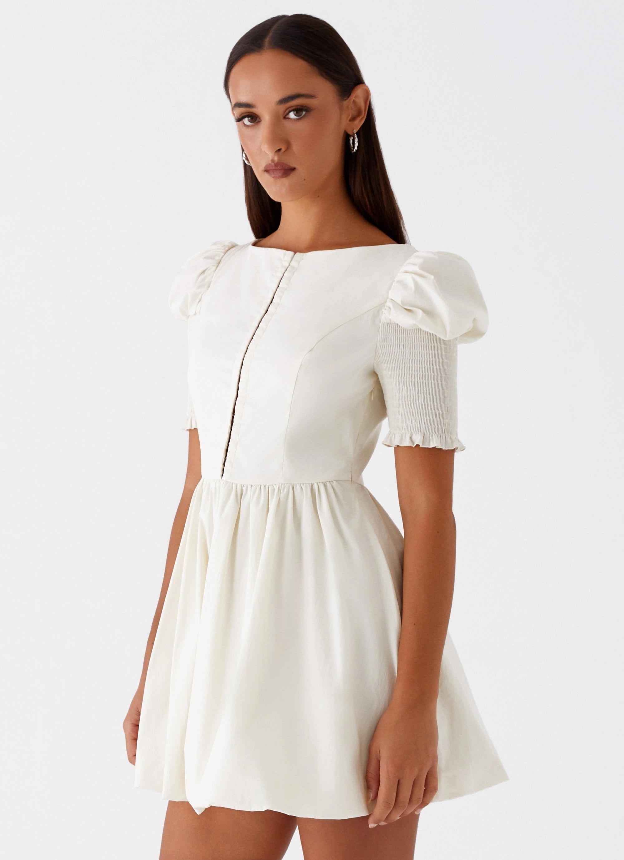 Enya Mini Dress - Ivory Cloud Light understated look