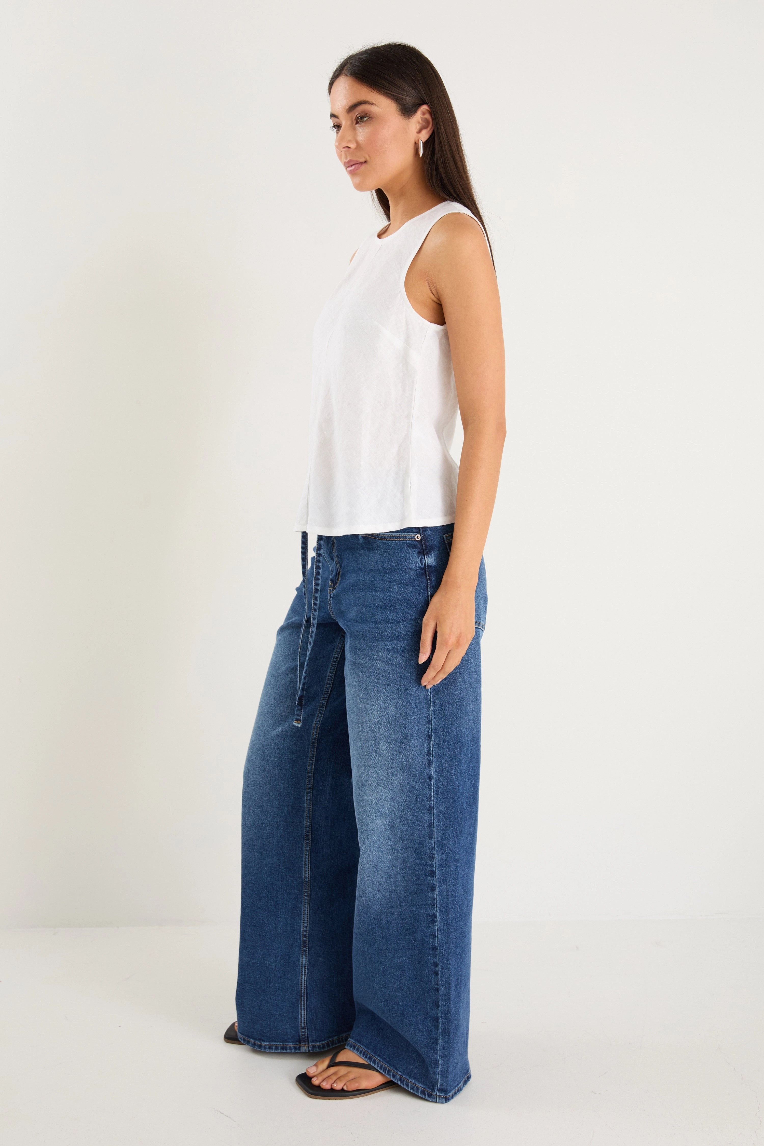 Shoreline Ivory Linen Bias Sleeveless Shell Top Recycled Polyester Fabric Reflective Trim Details