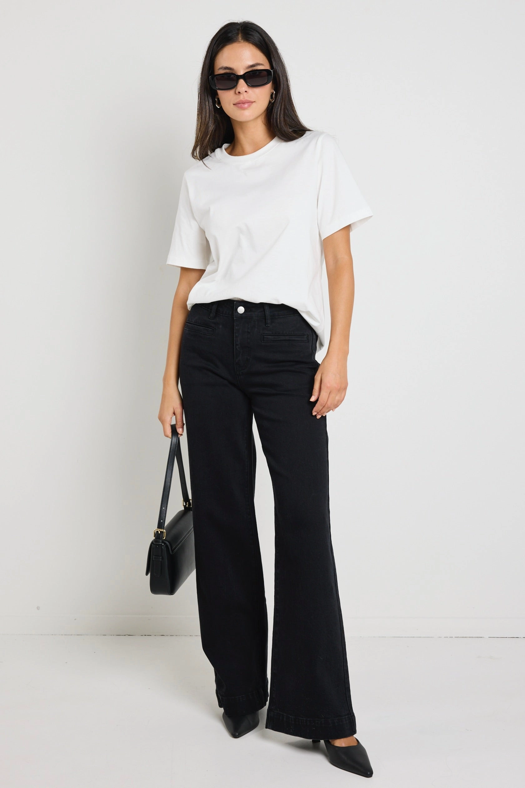 SecureClosures Concert Black Mid Rise Wide Leg Welt Pocket Jean