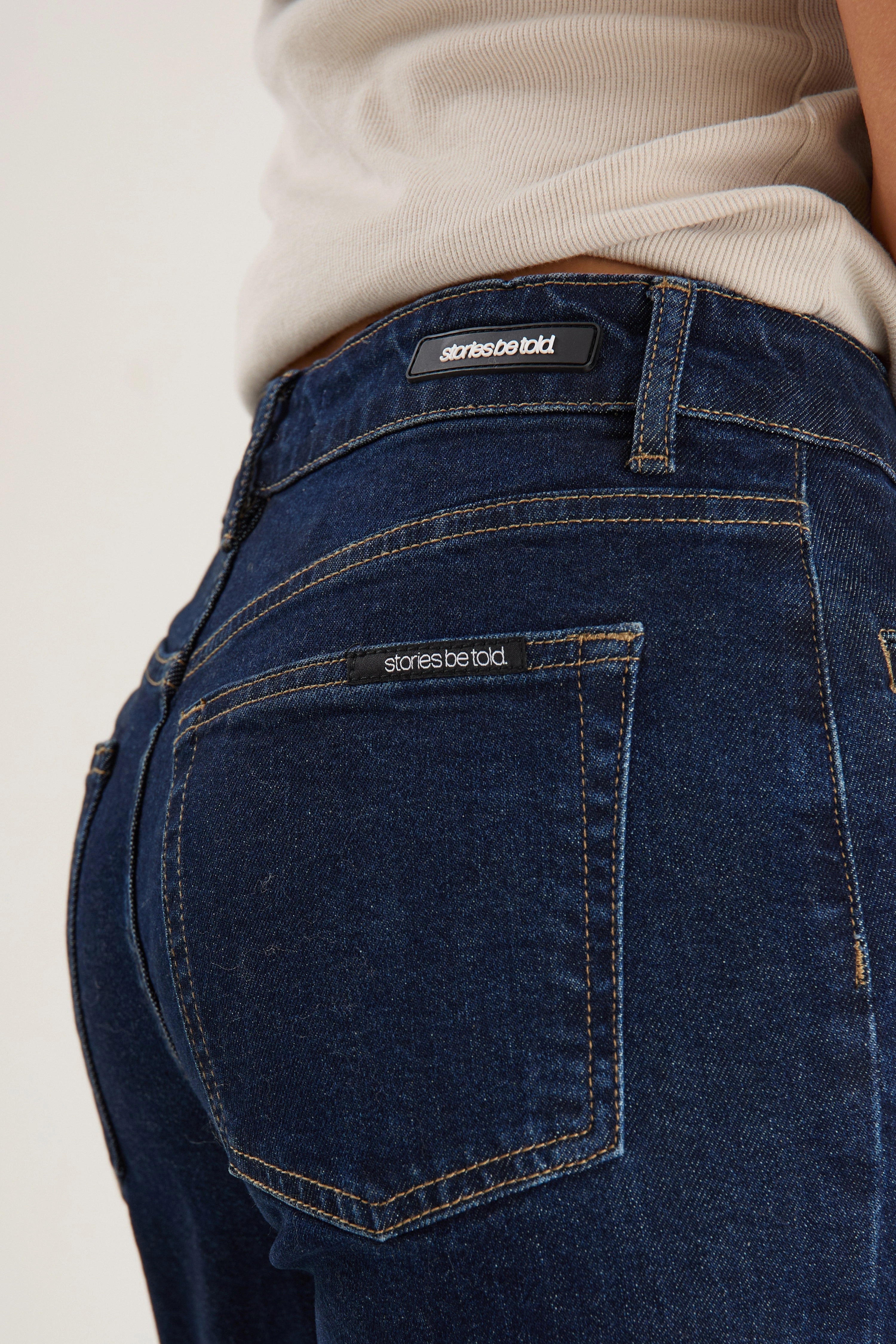 WrinkleResistantMaterial Concert Indigo Mid Rise Wide Leg Welt Pocket Jean