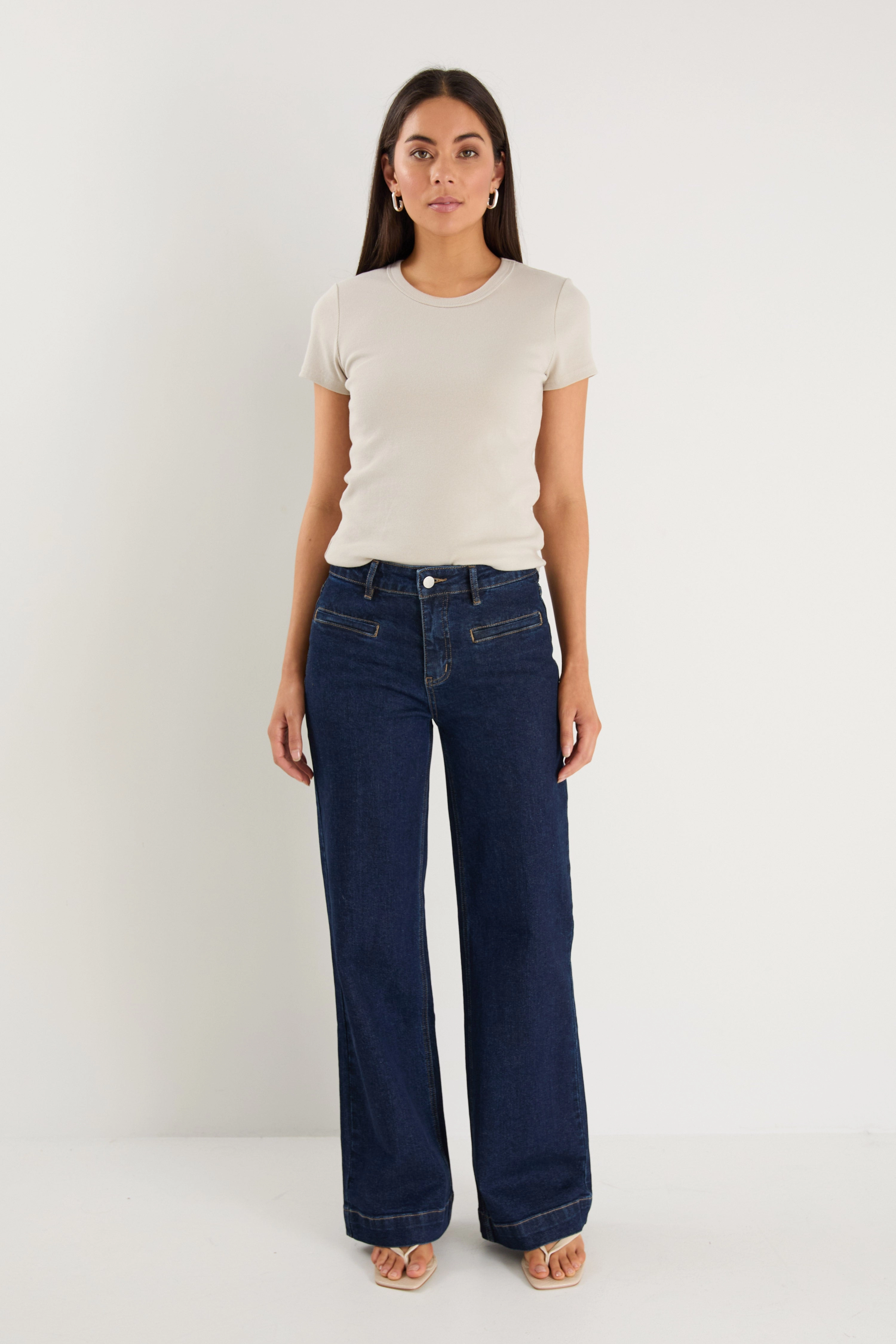 Concert Indigo Mid Rise Wide Leg Welt Pocket Jean NonChafingEdges Static free