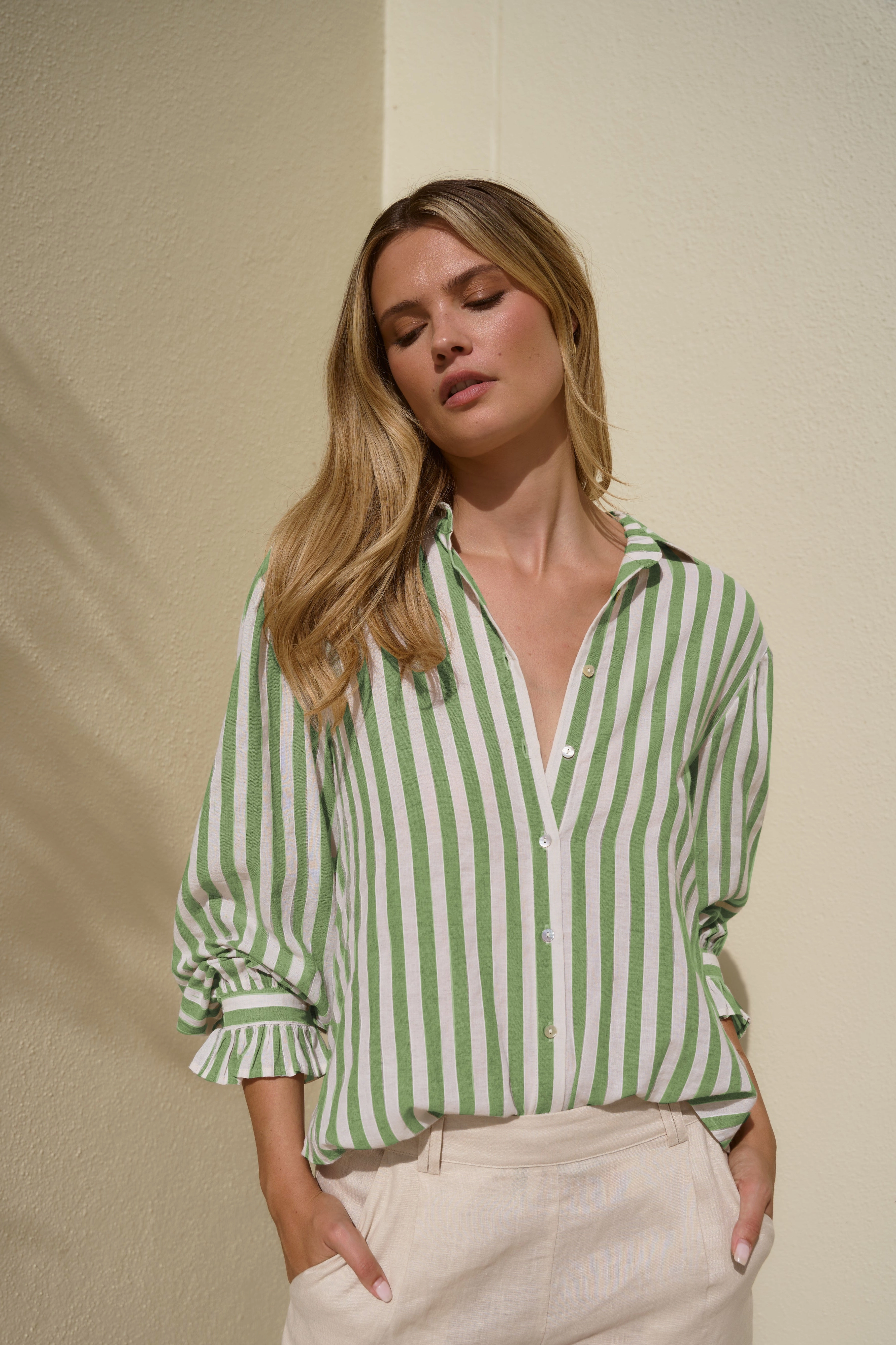 Structured Shoulder Connection Moss Stripe Drop Shoulder LS Shirt