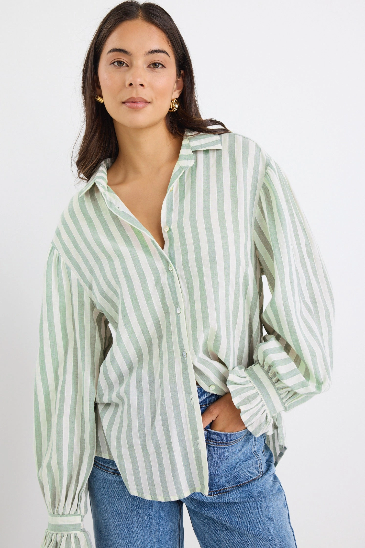 Soft Brushed Lining Connection Moss Stripe Drop Shoulder LS Shirt