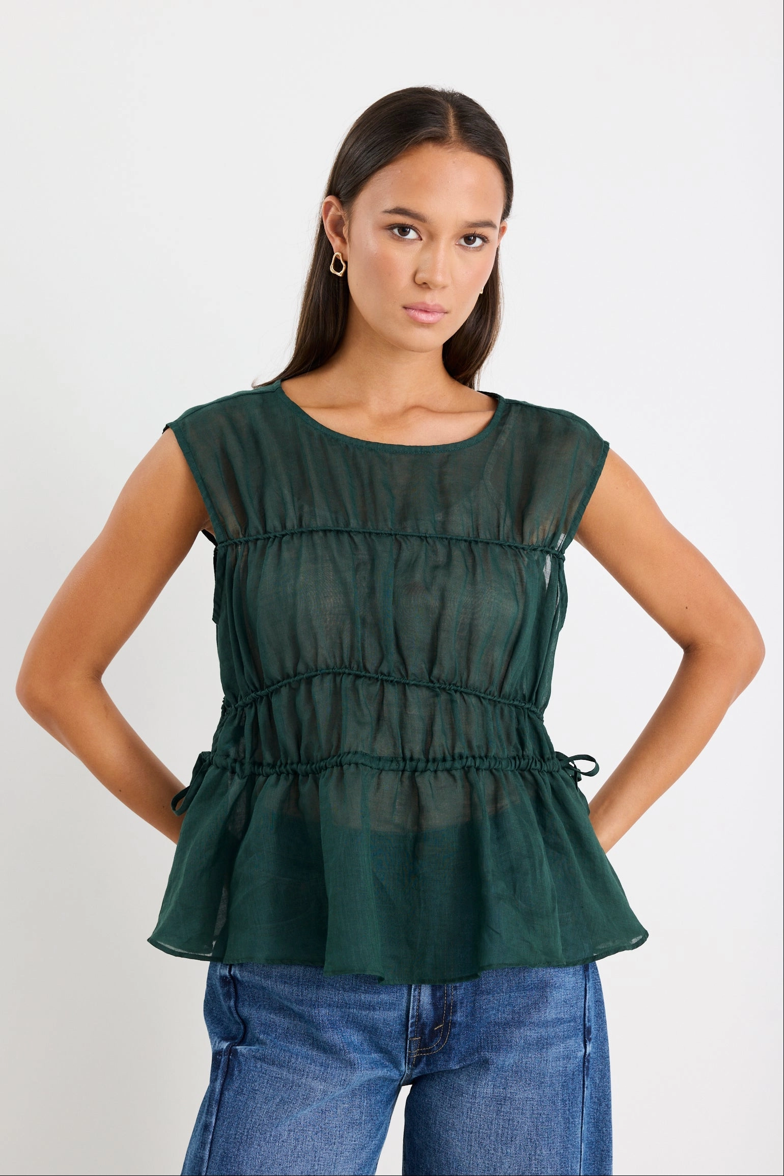 Breathable mesh Context Forest Ramie Relaxed Sleeveless Top