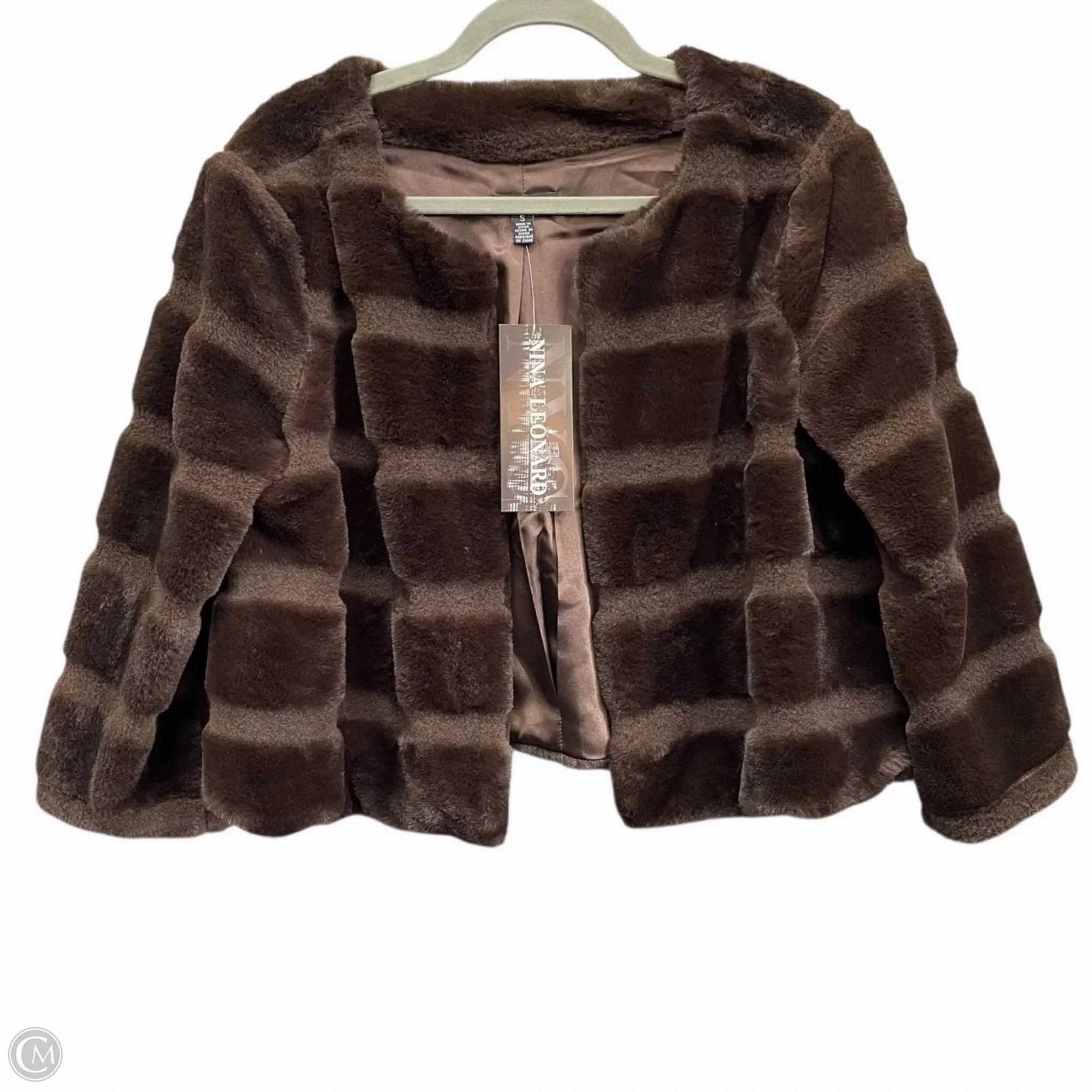 Jacket Faux Fur & Sherpa By Nina Leonard In Brown, Size: S Leather Bits Weatherproof Zipper Seals