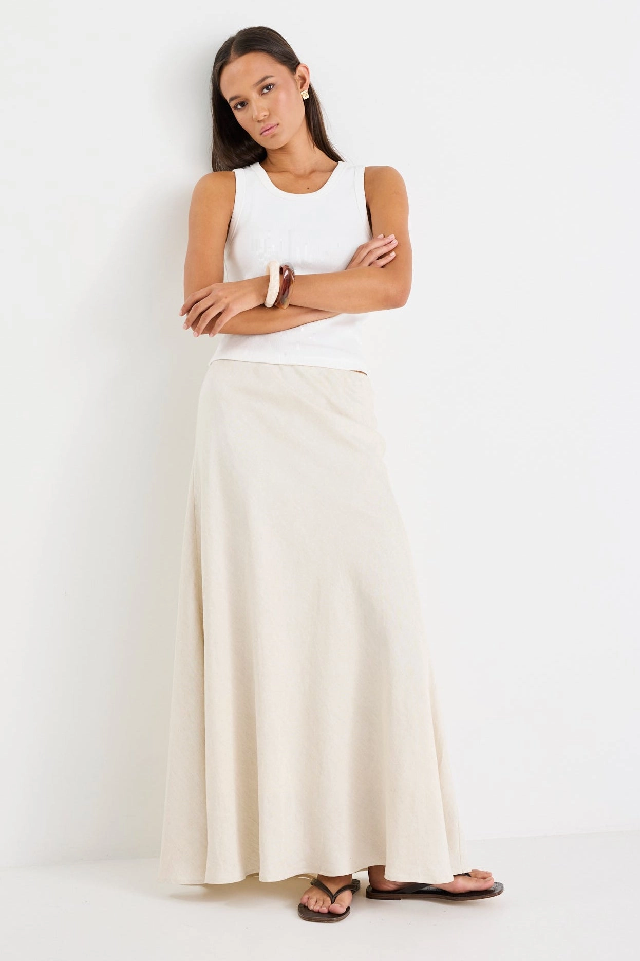 Soft Tones Chic Look Lagos Natural Linen Blend Bias Maxi Skirt