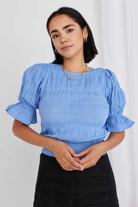 OdorResistantFinish Lovely French Blue Shirred Cotton Stretch Back Ss Top