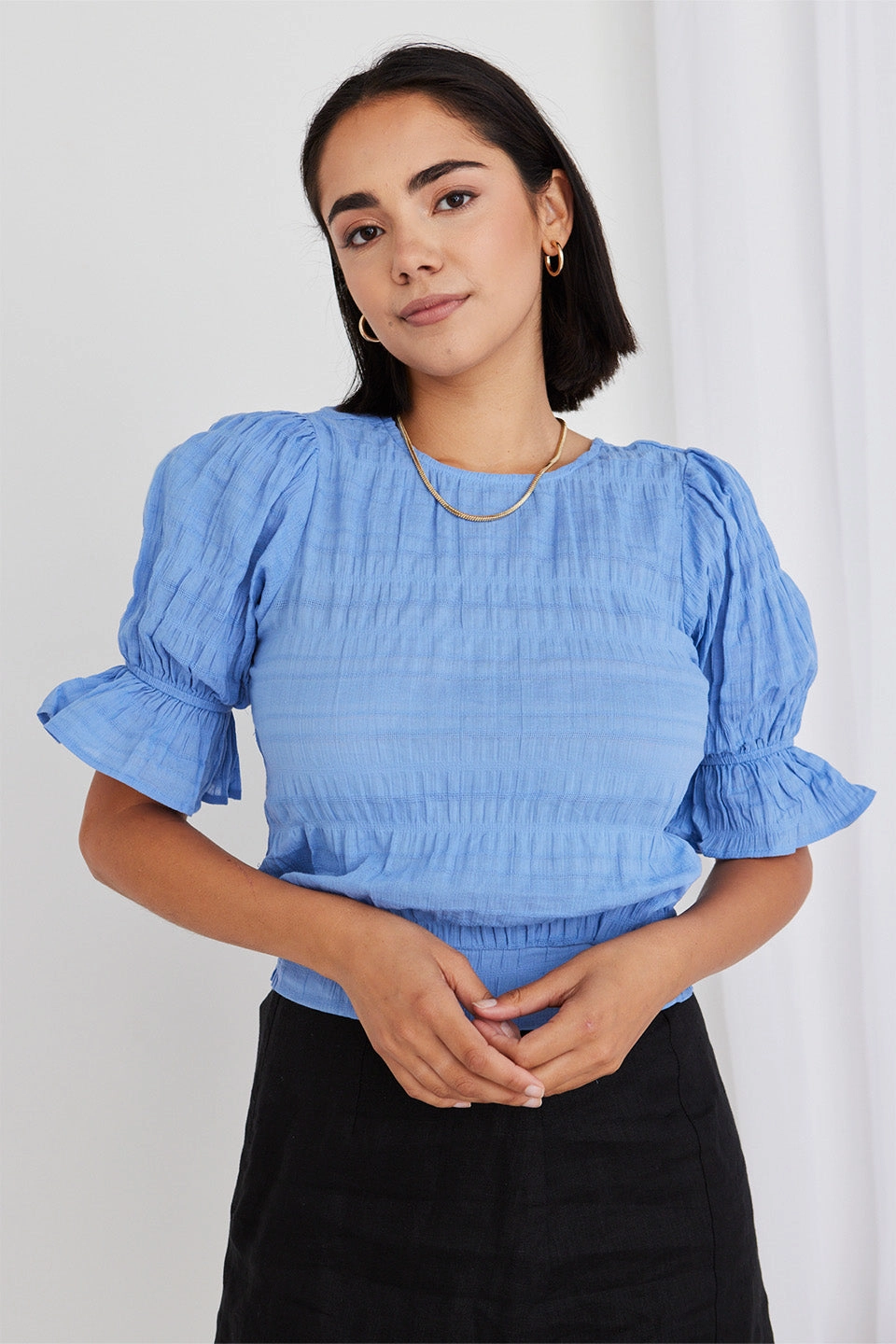 OdorResistantFinish Lovely French Blue Shirred Cotton Stretch Back Ss Top