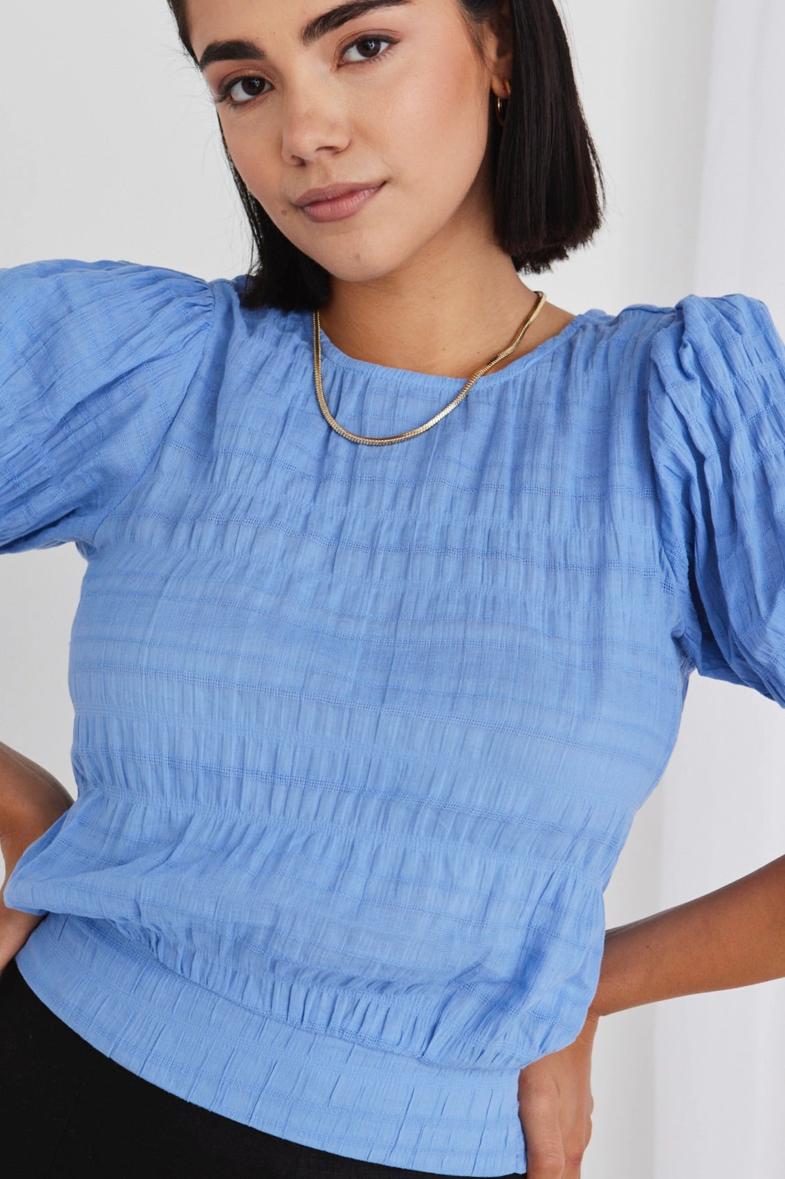 Lovely French Blue Shirred Cotton Stretch Back Ss Top HeavyweightThermal