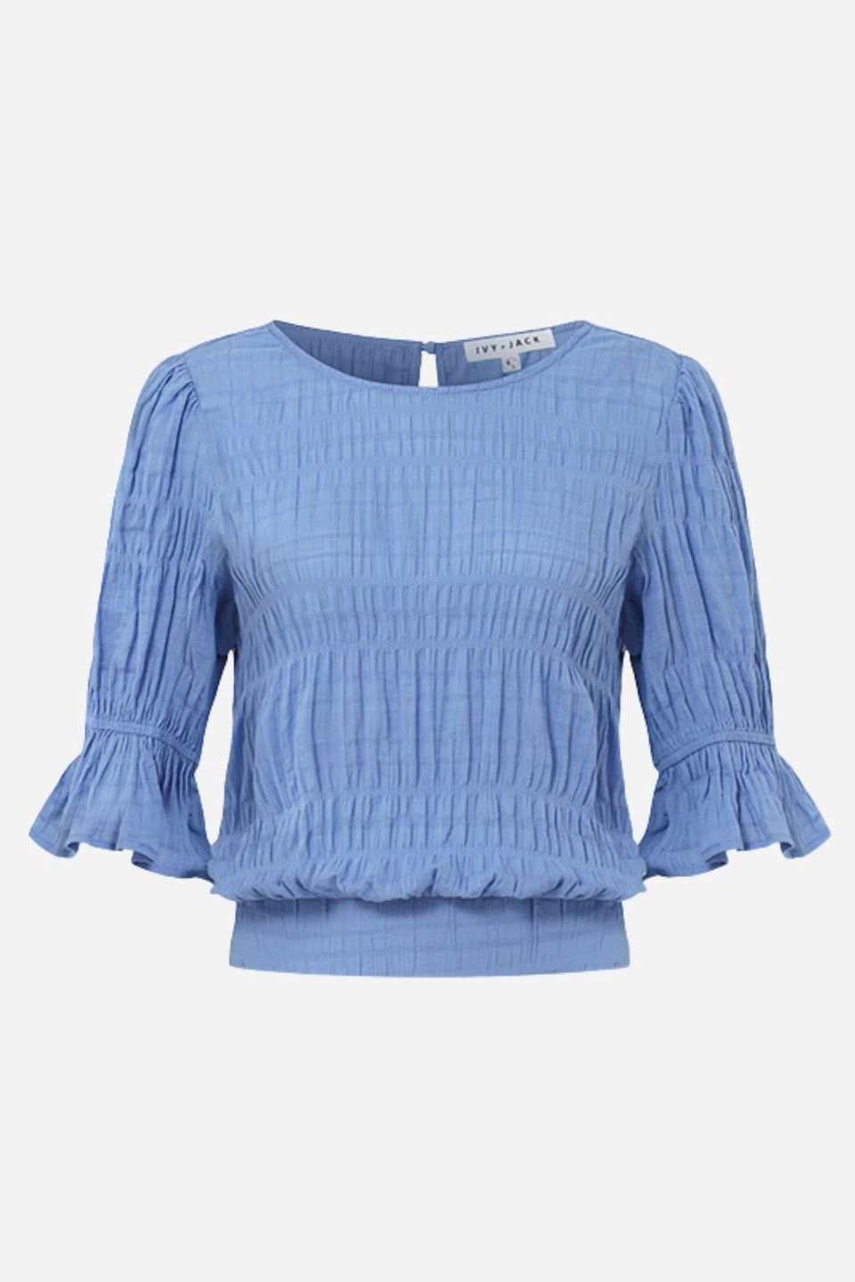 BoxySilhouette Lovely French Blue Shirred Cotton Stretch Back Ss Top