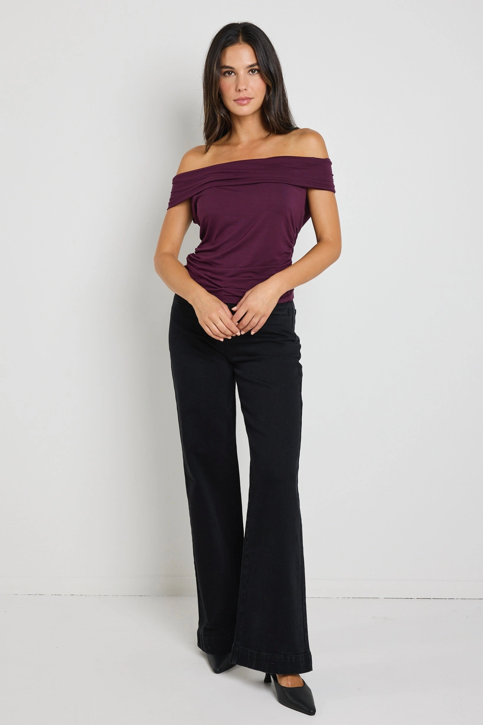 Nightlife Burgundy Plum Stretch One Shoulder Top Hidden Pocket Design